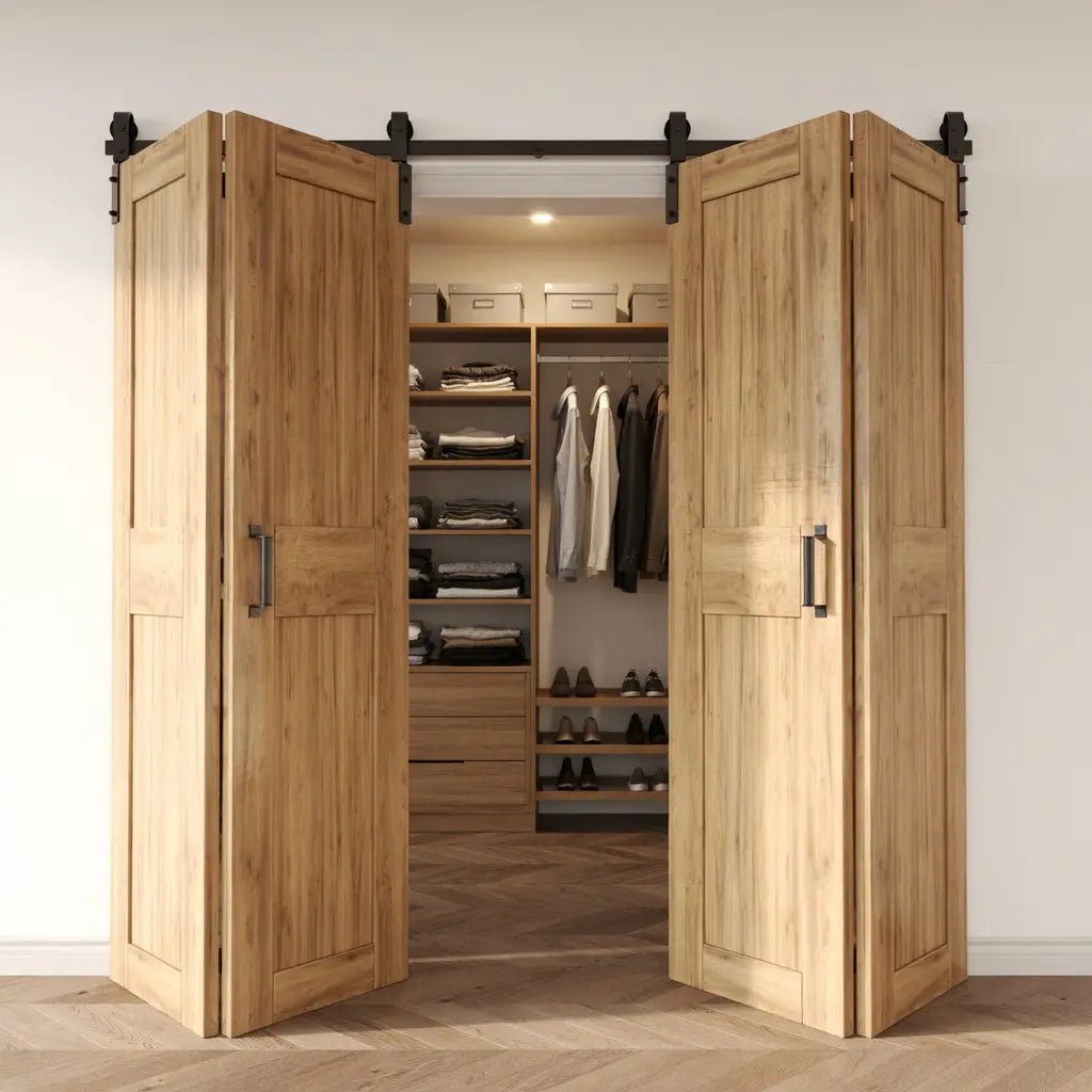 Finished and unfinished 2-door and 4-door bifold barn door kits with matching hardware
