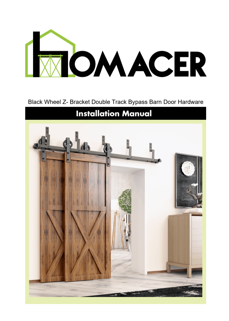 Homacer black wheel z-bracket double track bypass barn door hardware kit installation manual