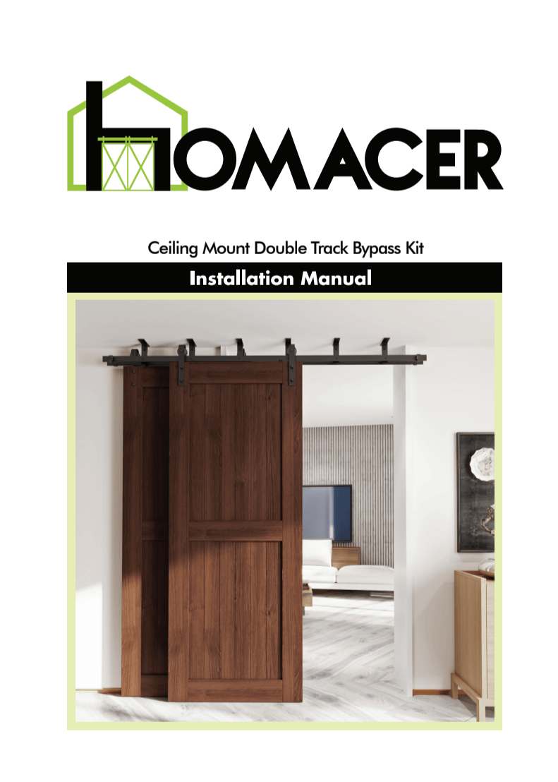 Homacer ceiling mount double track bypass kit installation manual cover with a wooden door and modern interior.