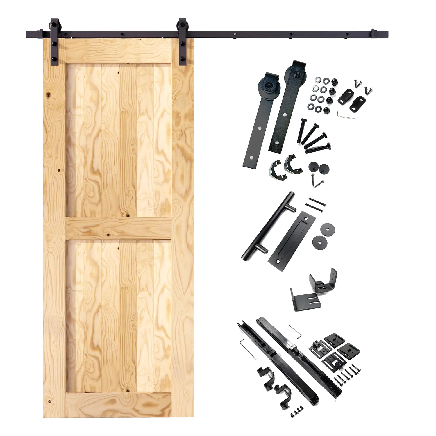 Classic pine barn door with sliding hardware, handle, and installation accessories
