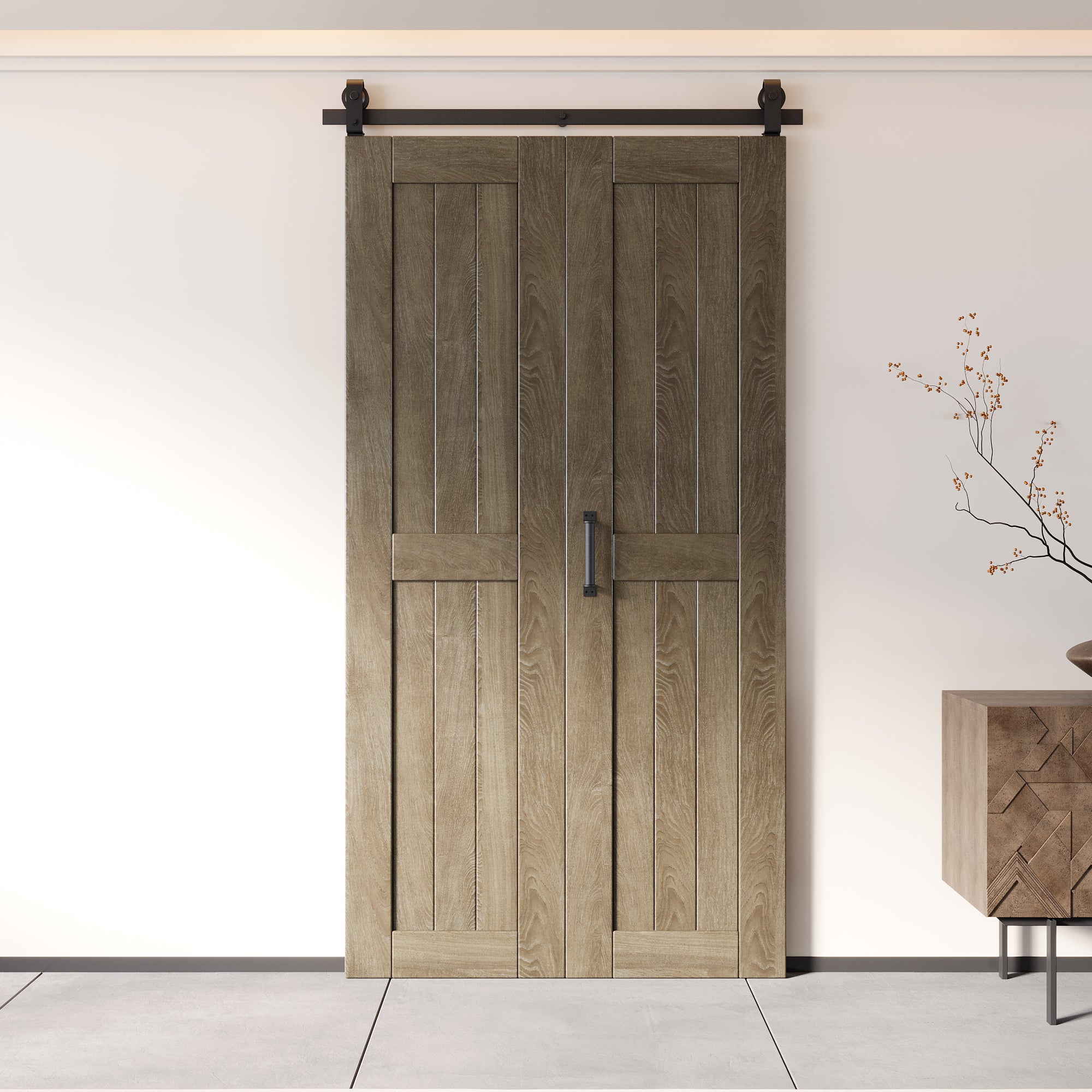 5-in-1 80in Classic Gray Finished Barn Door with Bi-Fold Top Mount Hardware Kit - T-shape Roller