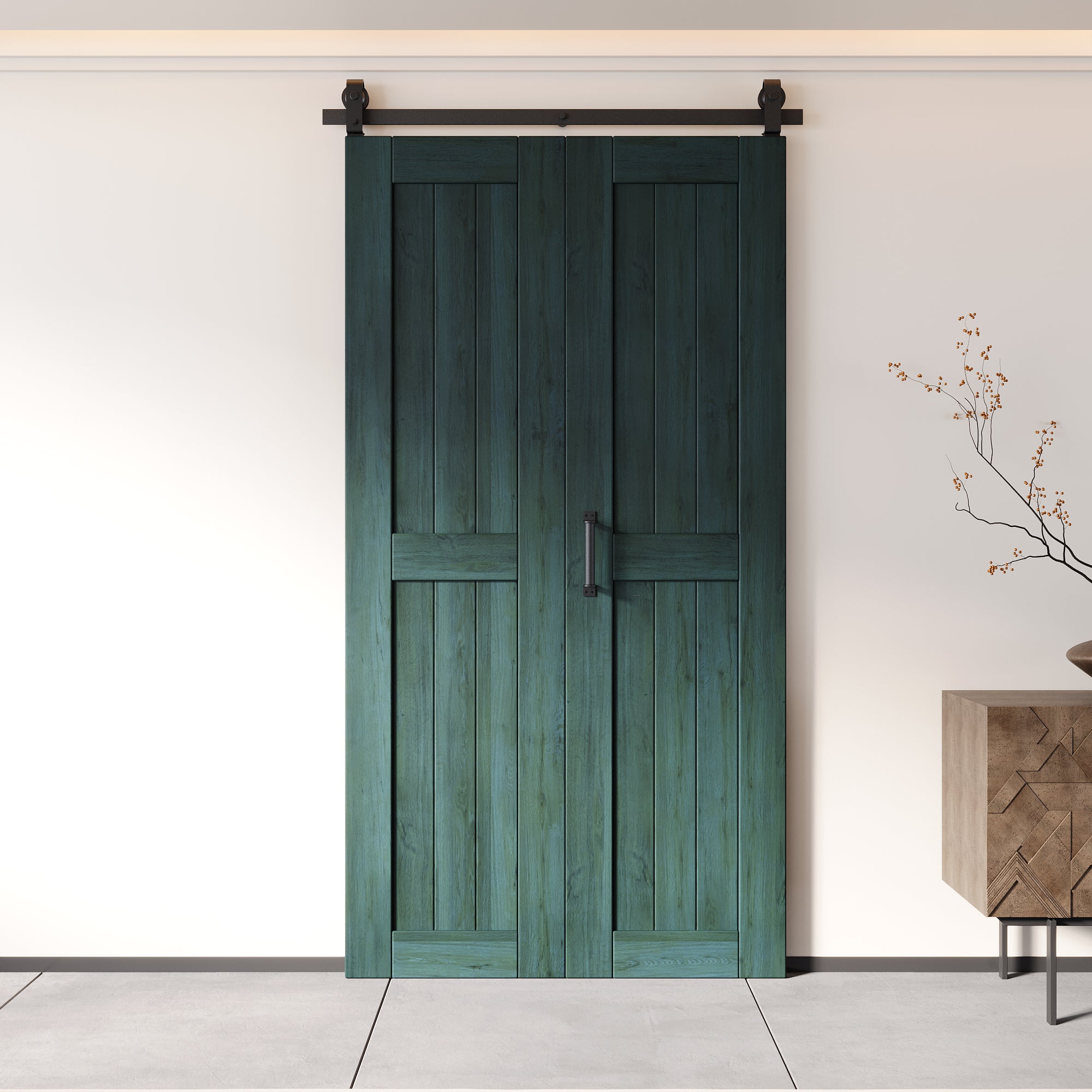 5-in-1 80in Royal Pine Finished Barn Door with Bi-Fold Top Mount Hardware Kit - T-shape Roller