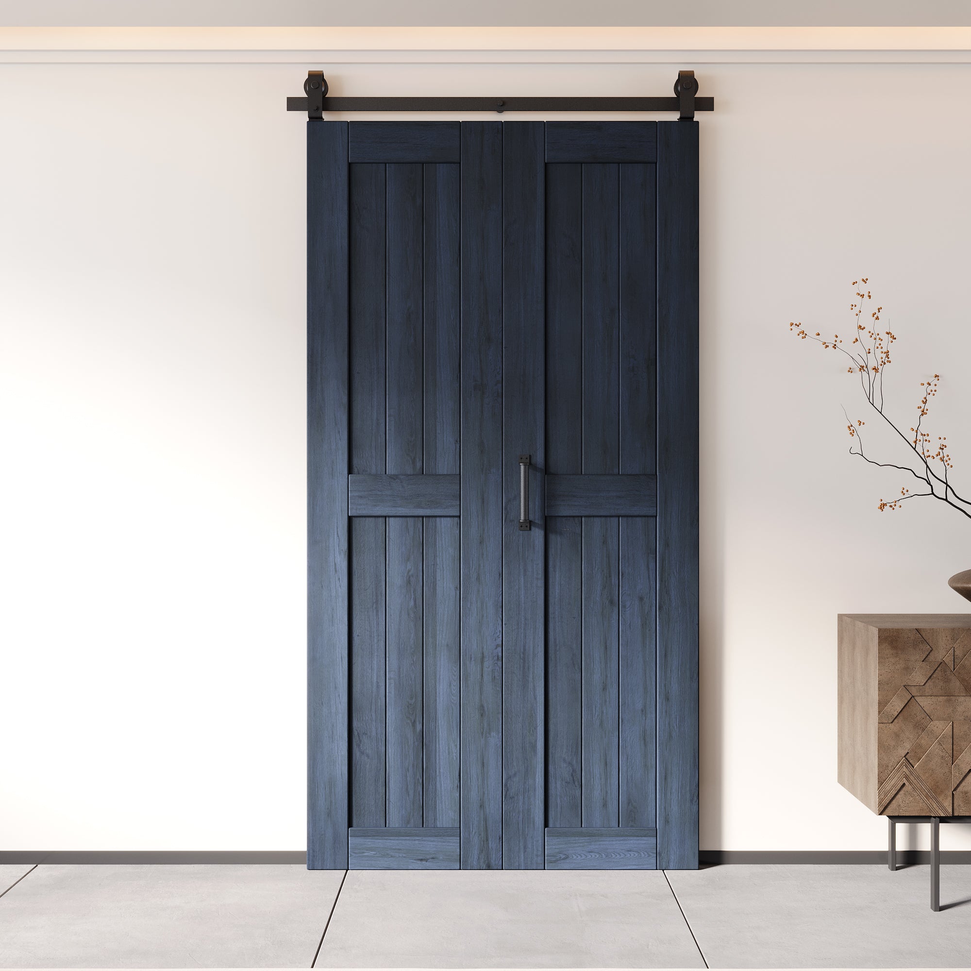 5-in-1 80in Navy Finished Barn Door with Bi-Fold Top Mount Hardware Kit - T-shape Roller