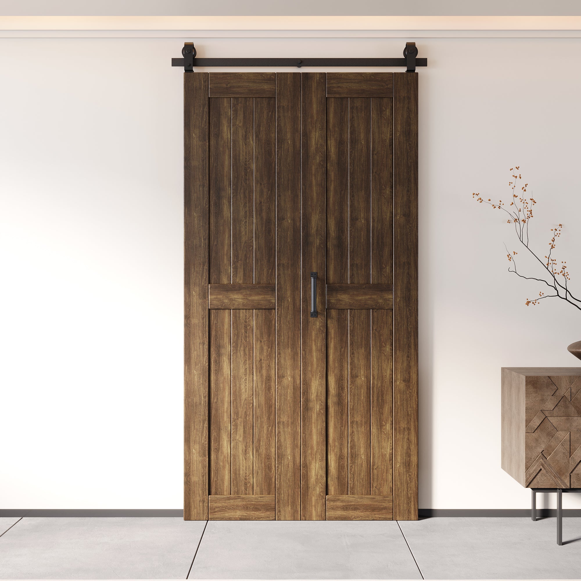 5-in-1 80in Dark Walnut Finished Barn Door with Bi-Fold Top Mount Hardware Kit - T-shape Roller