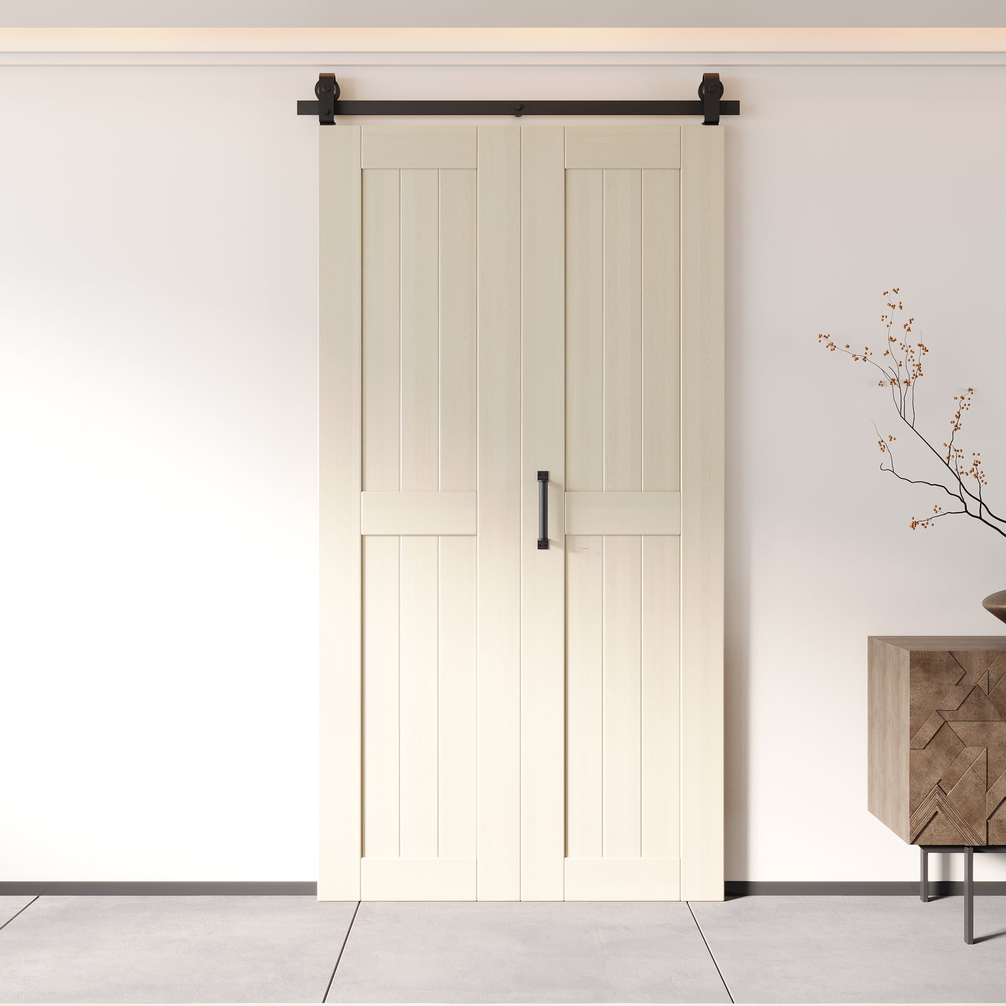 5-in-1 84in Tinsmith Gray Finished Barn Door with Bi-Fold Top Mount Hardware Kit - T-shape Roller