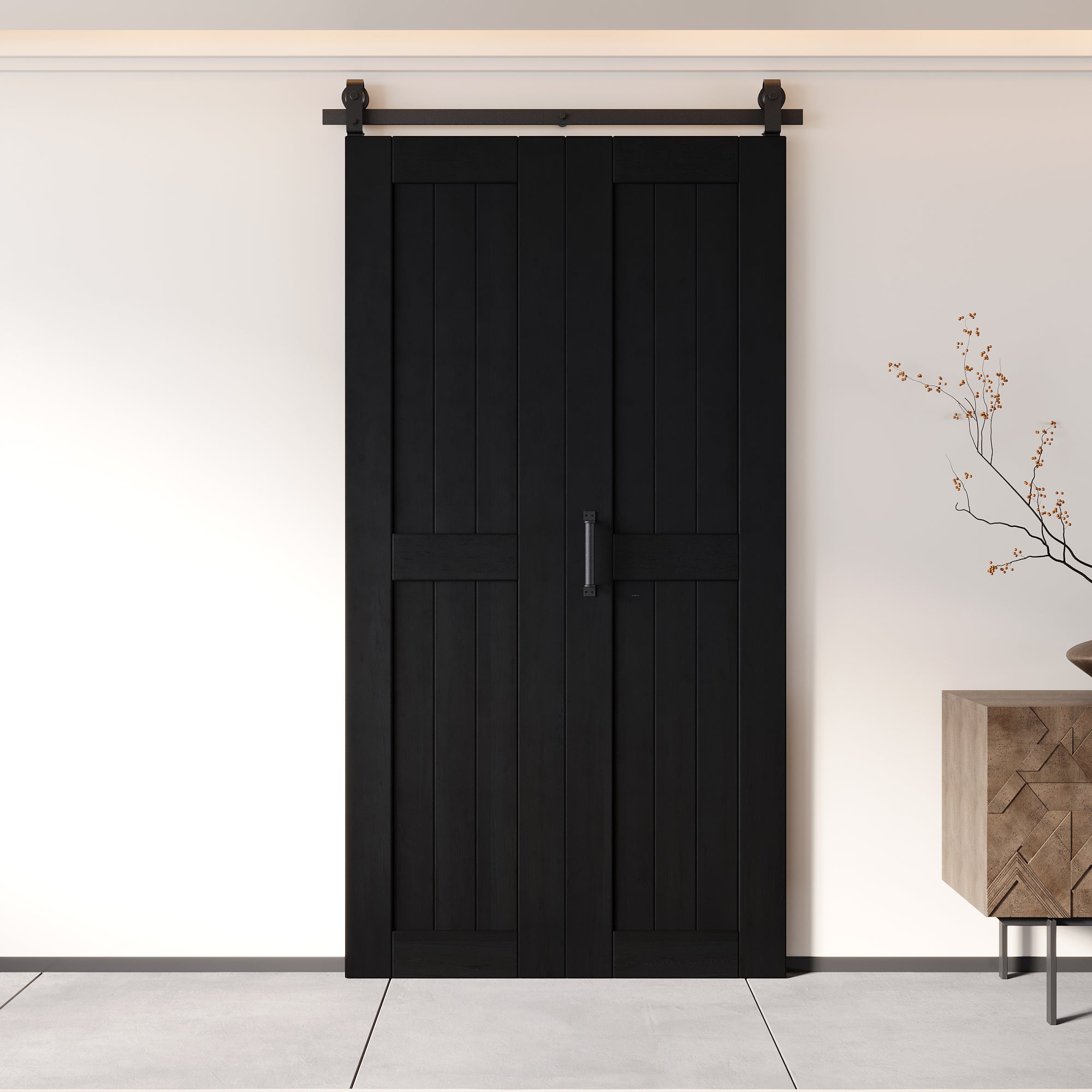 5-in-1 84in Black Finished Barn Door with Bi-Fold Top Mount Hardware Kit - T-shape Roller