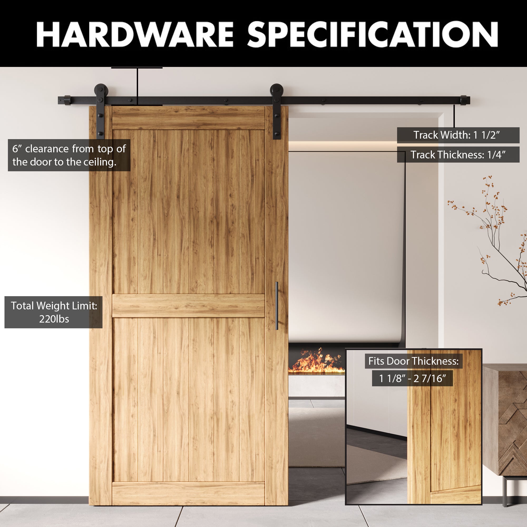 Non-Bypass Sliding Barn Door Hardware Kit - Straight Design Roller