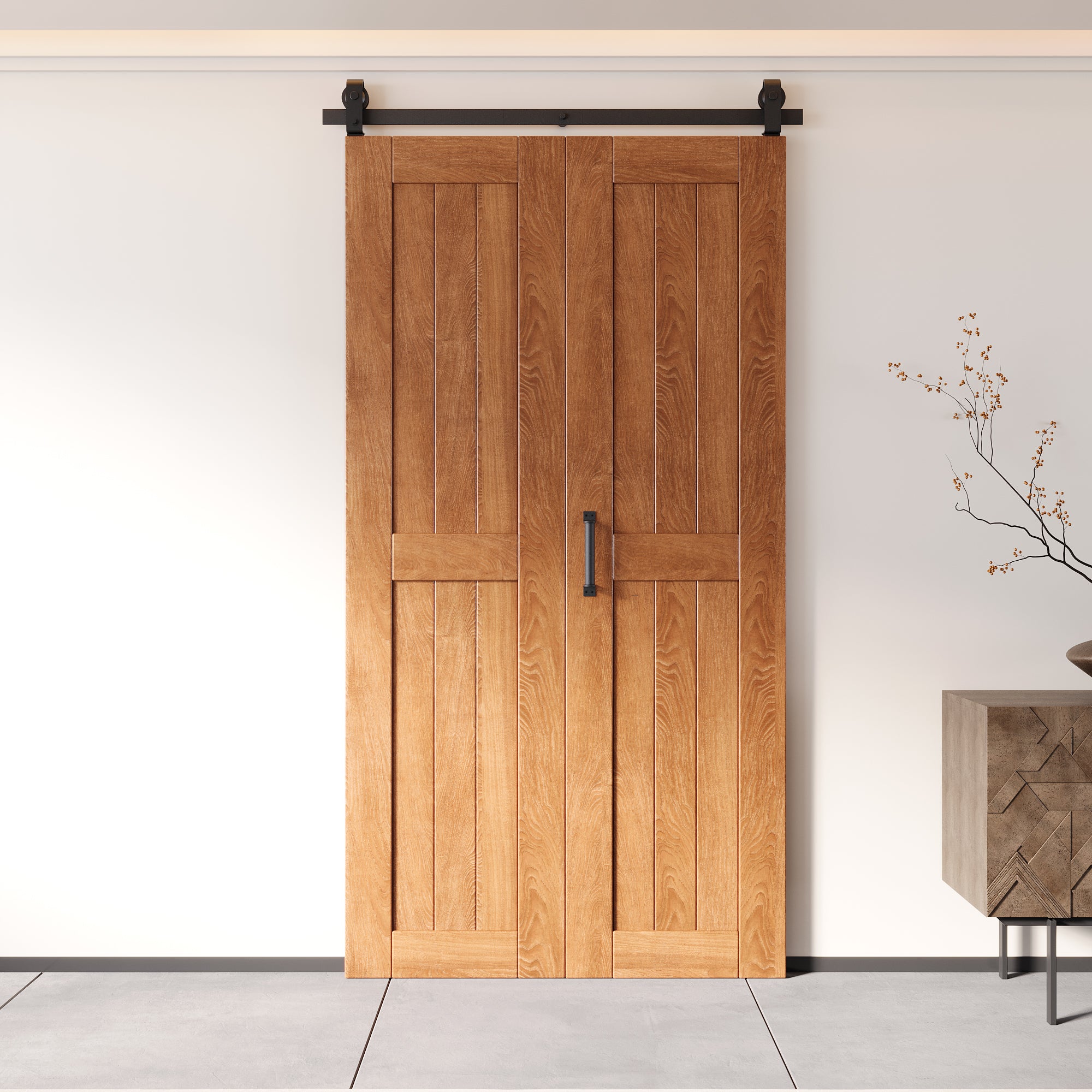 5-in-1 80in Early American Finished Barn Door with Bi-Fold Top Mount Hardware Kit - T-shape Roller