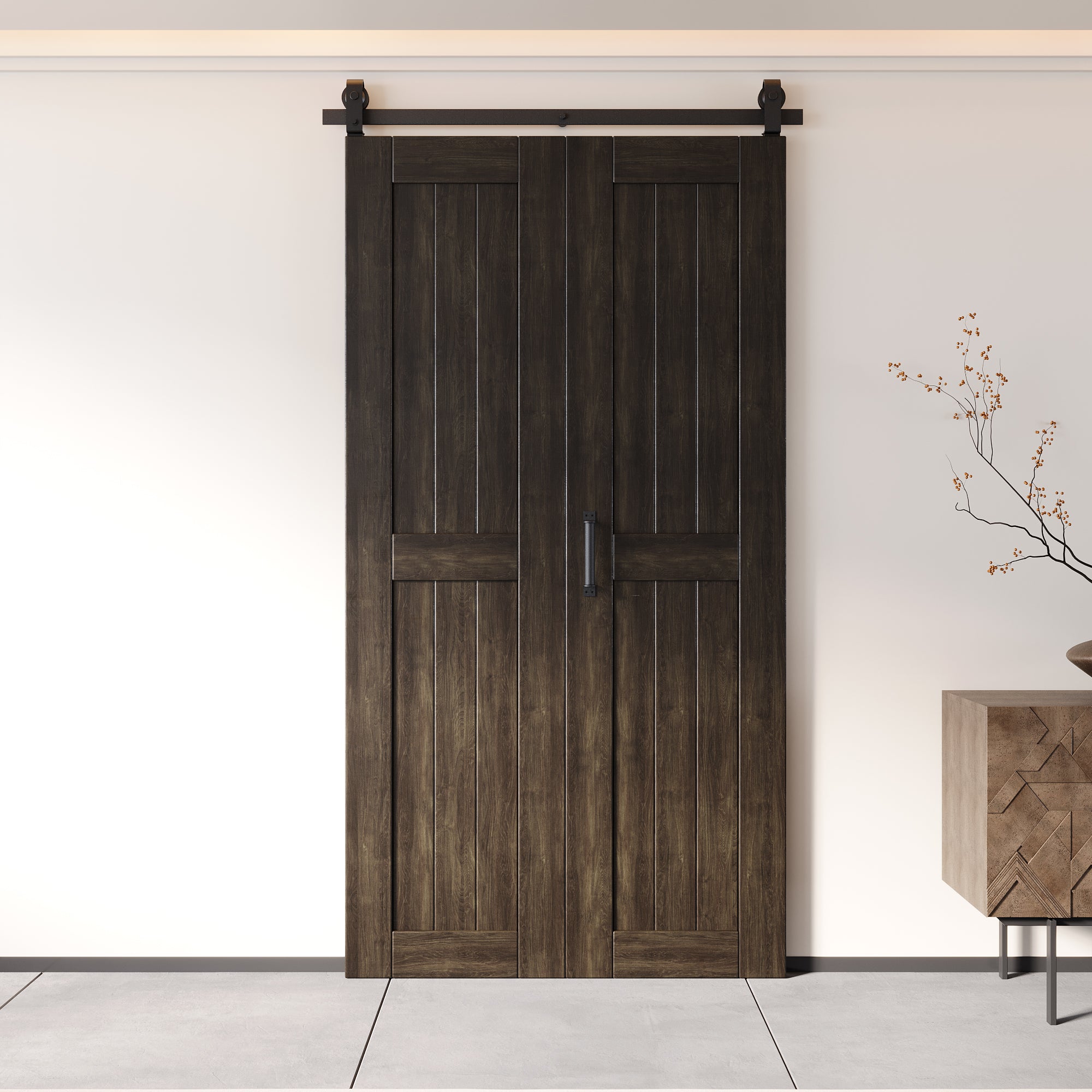 5-in-1 84in Ebony Finished Barn Door with Bi-Fold Top Mount Hardware Kit - T-shape Roller