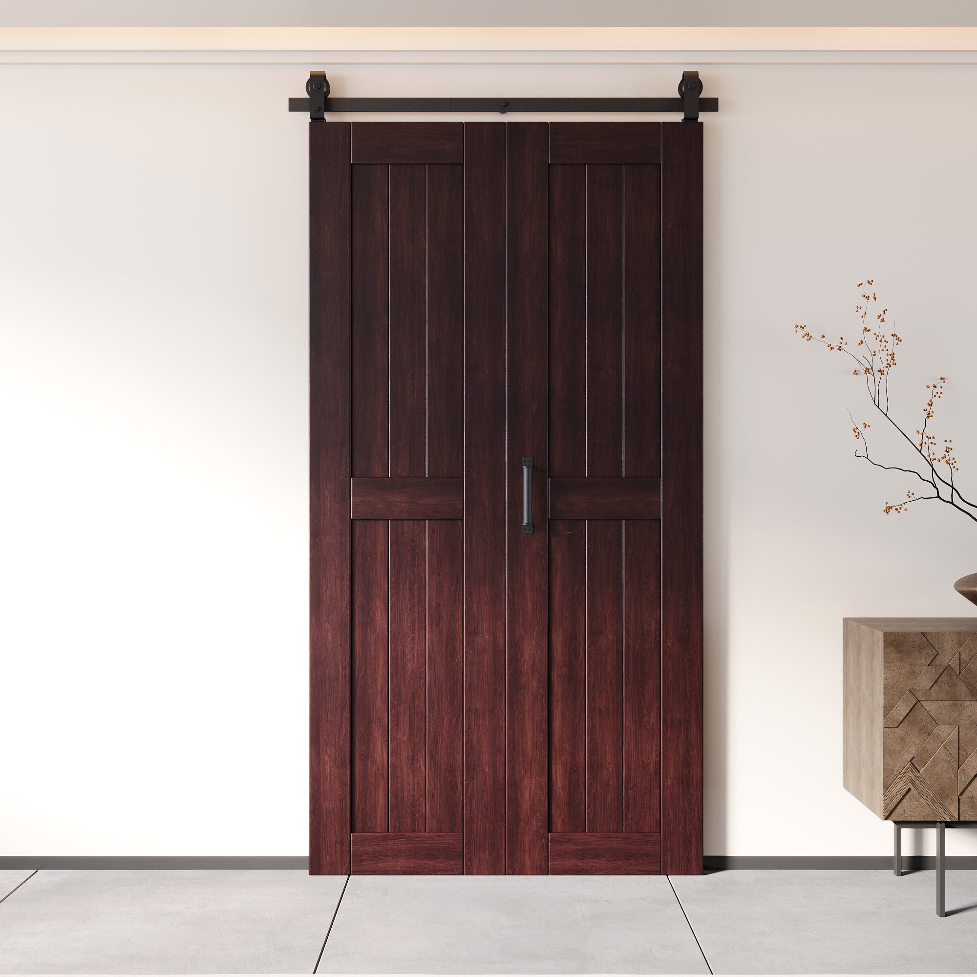 5-in-1 84in Red Mahogany Finished Barn Door with Bi-Fold Top Mount Hardware Kit - T-shape Roller