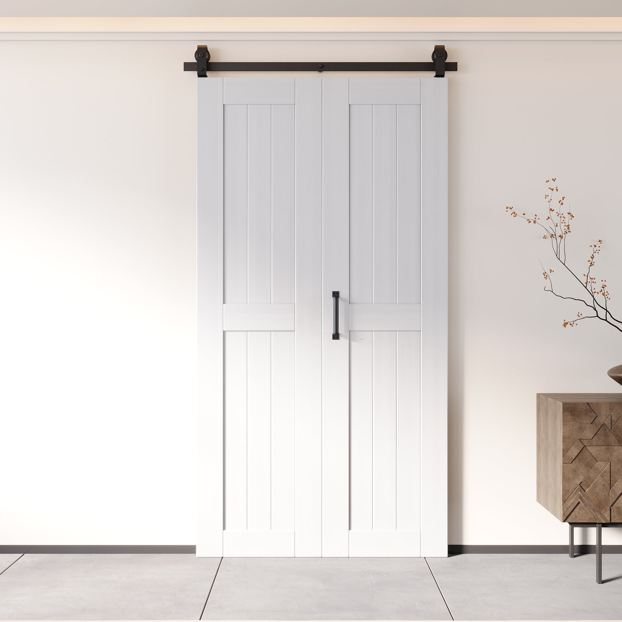 5-in-1 80in White Finished Barn Door with Bi-Fold Top Mount Hardware Kit - T-shape Roller