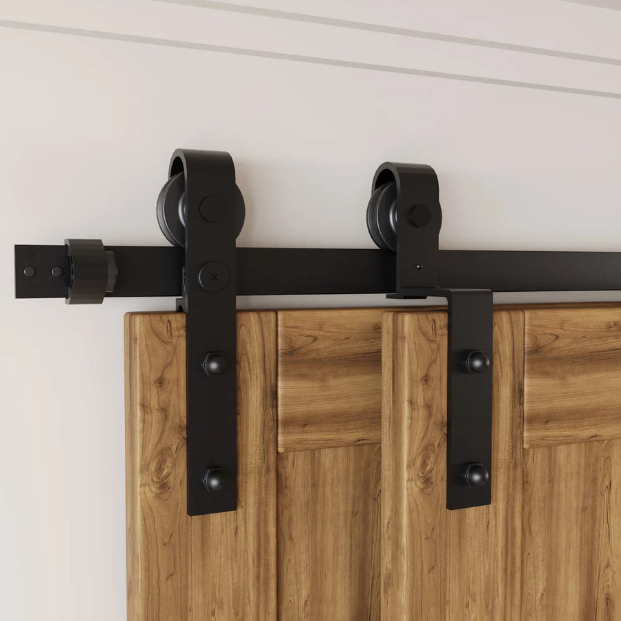 Single-track bypass system with two overlapping sliding wood barn doors
