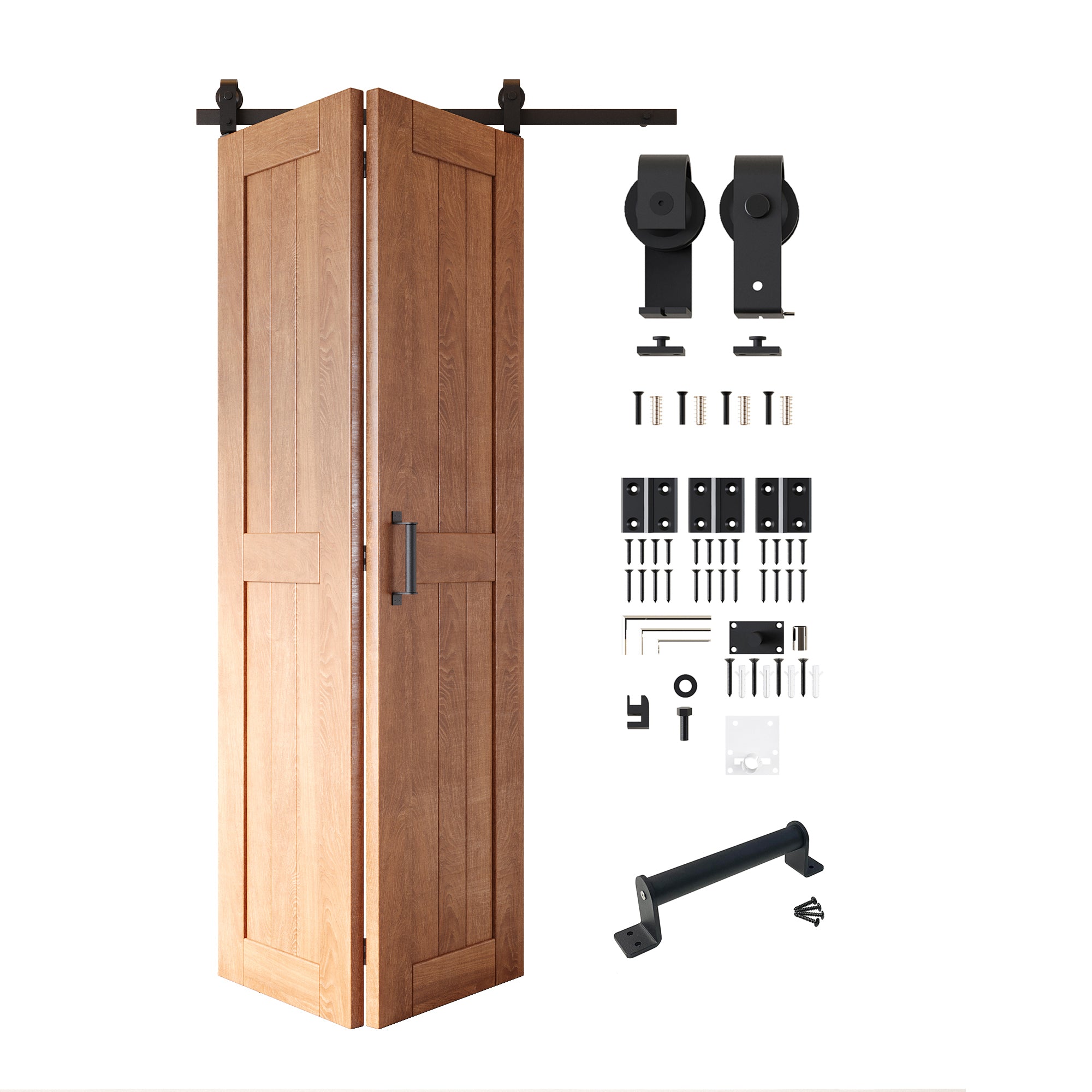5-in-1 80in Early American Finished Barn Door with Bi-Fold Top Mount Hardware Kit - T-shape Roller