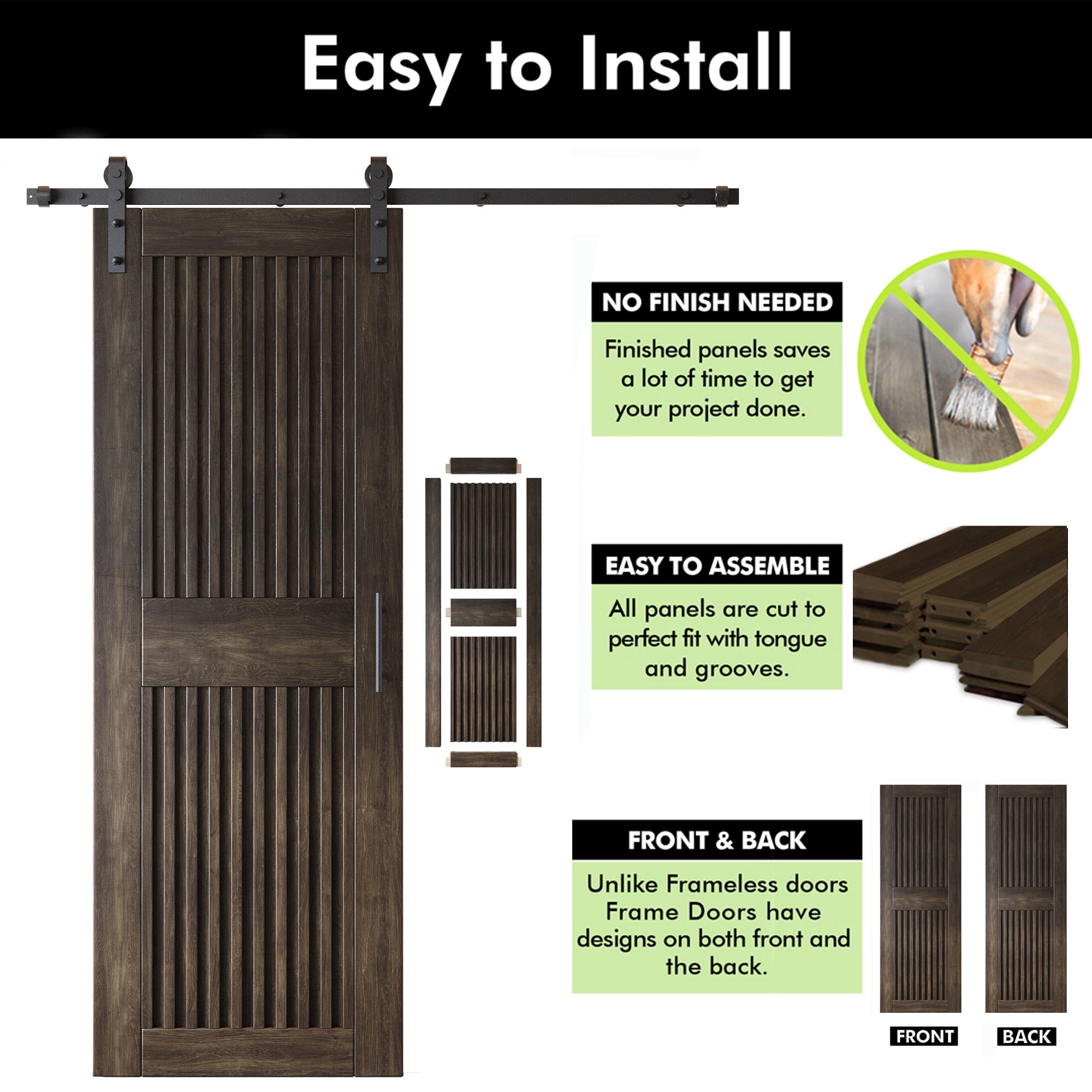84" Height Ebony Vertical Stripe Design Unassembled & Finished Pine Wood Barn Door with Non-Bypass Installation Hardware Kit(Interior Use Only)