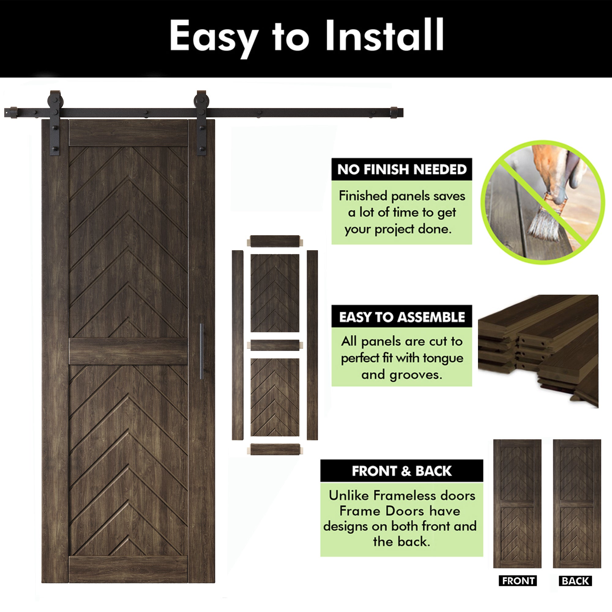80" Height Ebony Fishbone Design Unassembled & Finished Pine Wood Barn Door (Interior Use Only)