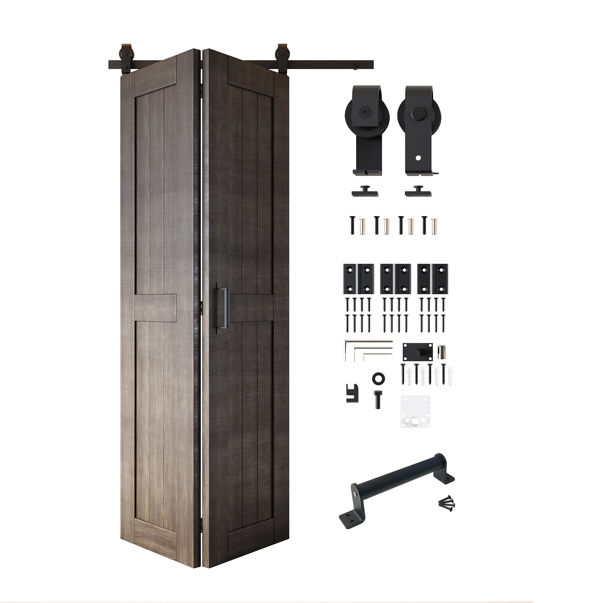 5-in-1 84in Ebony Finished Barn Door with Bi-Fold Top Mount Hardware Kit - T-shape Roller