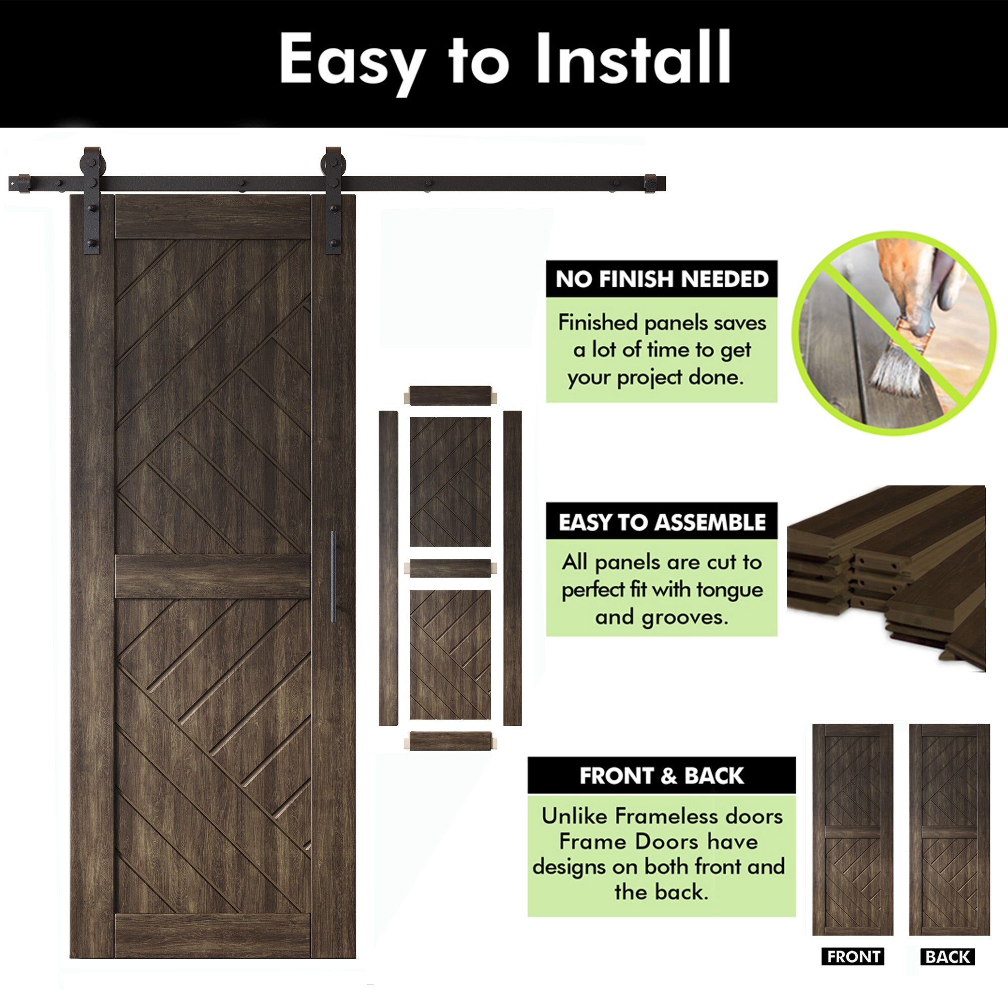 ebony finish barn door modern geometric design, double barn doors, single track non bypass hardware kit, easy to install and assemble