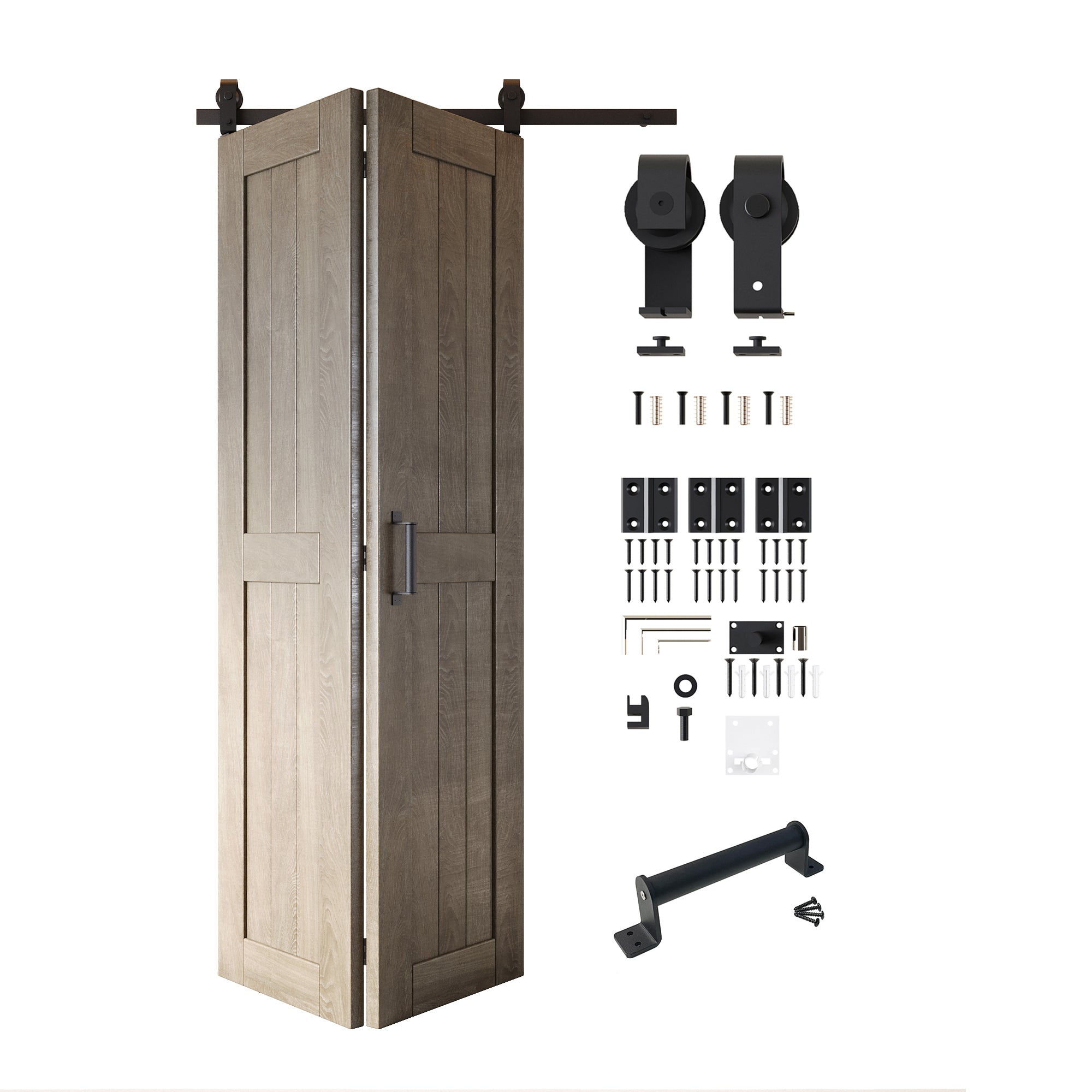 5-in-1 80in Classic Gray Finished Barn Door with Bi-Fold Top Mount Hardware Kit - T-shape Roller