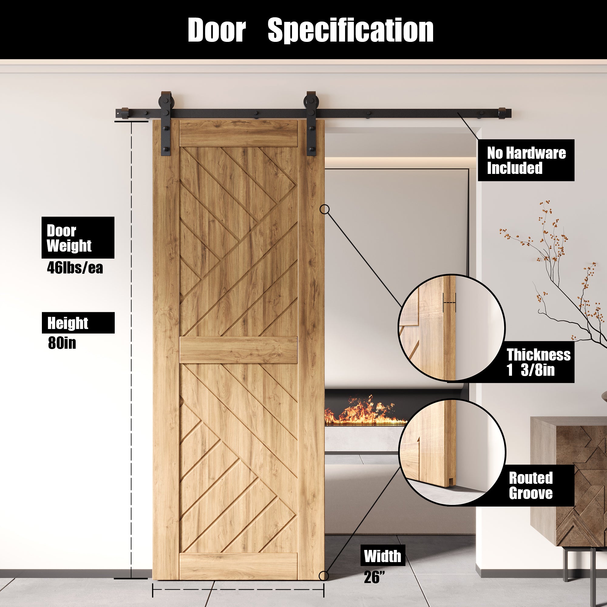 80" Height Geometric Design Unassembled & Unfinished Pine Wood Barn Door (Interior Use Only)