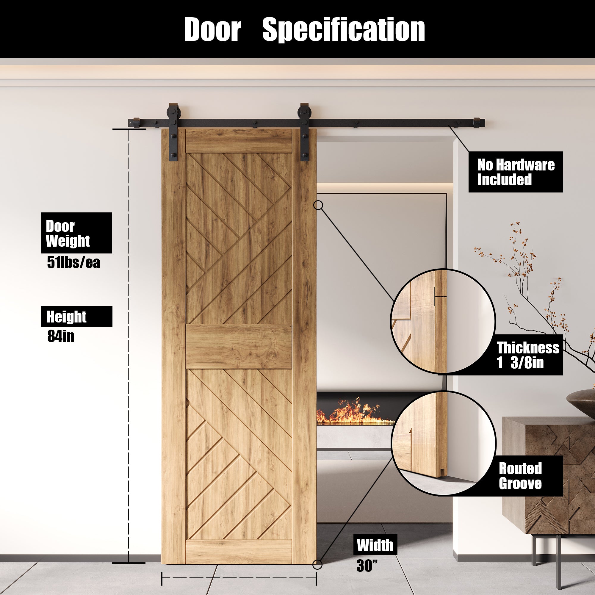 84" Height Geometric Design Unassembled & Unfinished Pine Wood Barn Door (Interior Use Only)