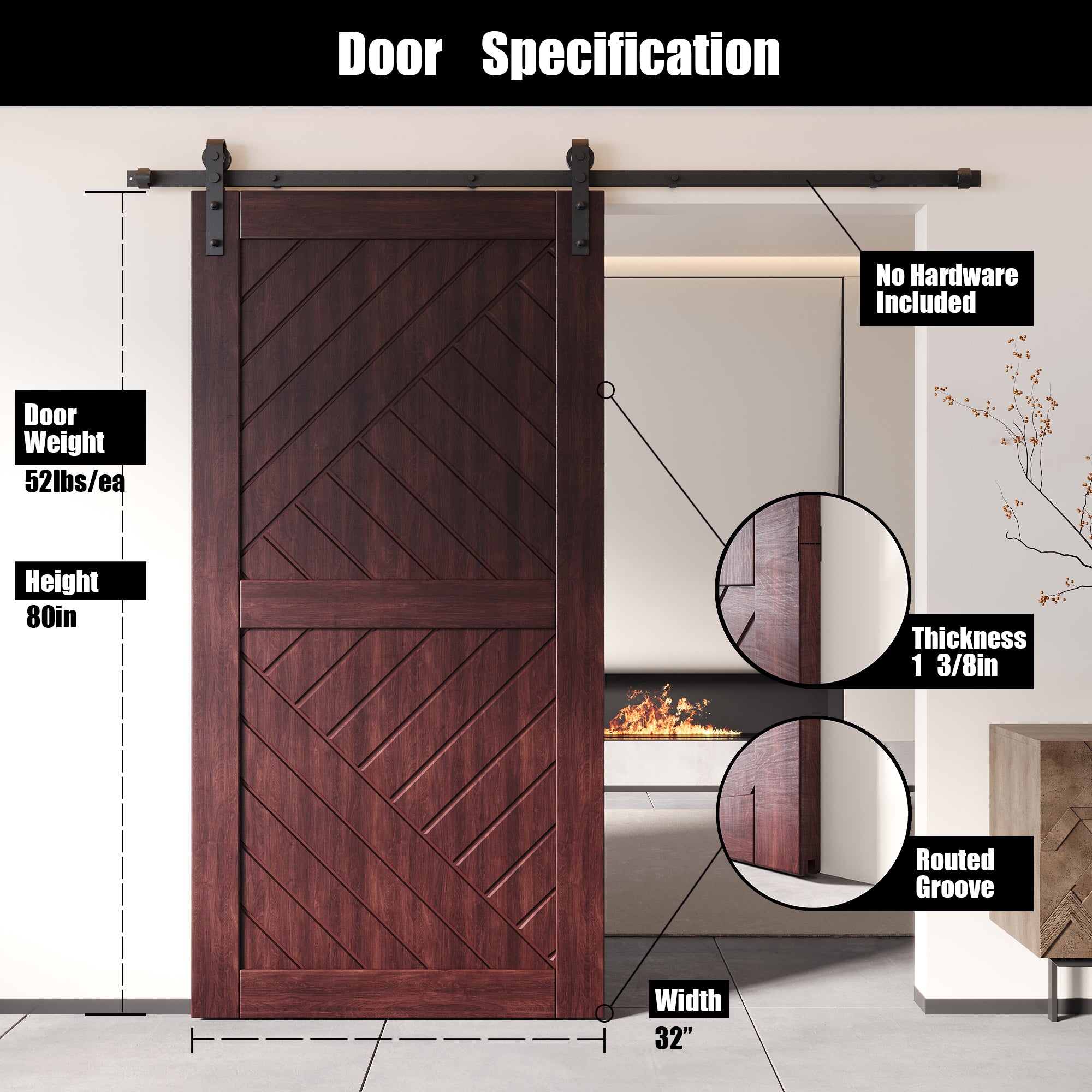 80" Height Red Mahogany Geometric Design Unassembled & Finished Pine Wood Barn Door (Interior Use Only)
