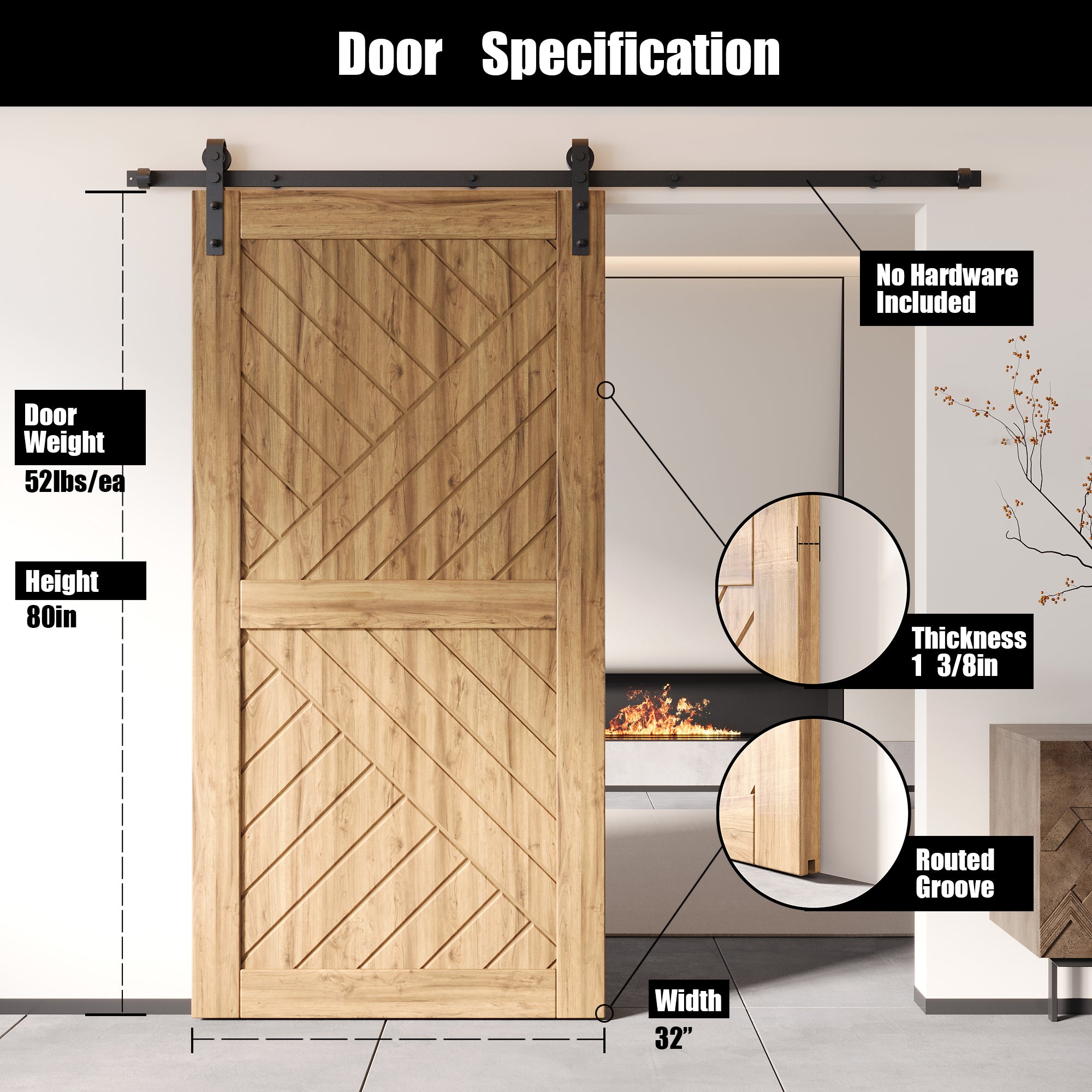 80" Height Geometric Design Unassembled & Unfinished Pine Wood Barn Door (Interior Use Only)