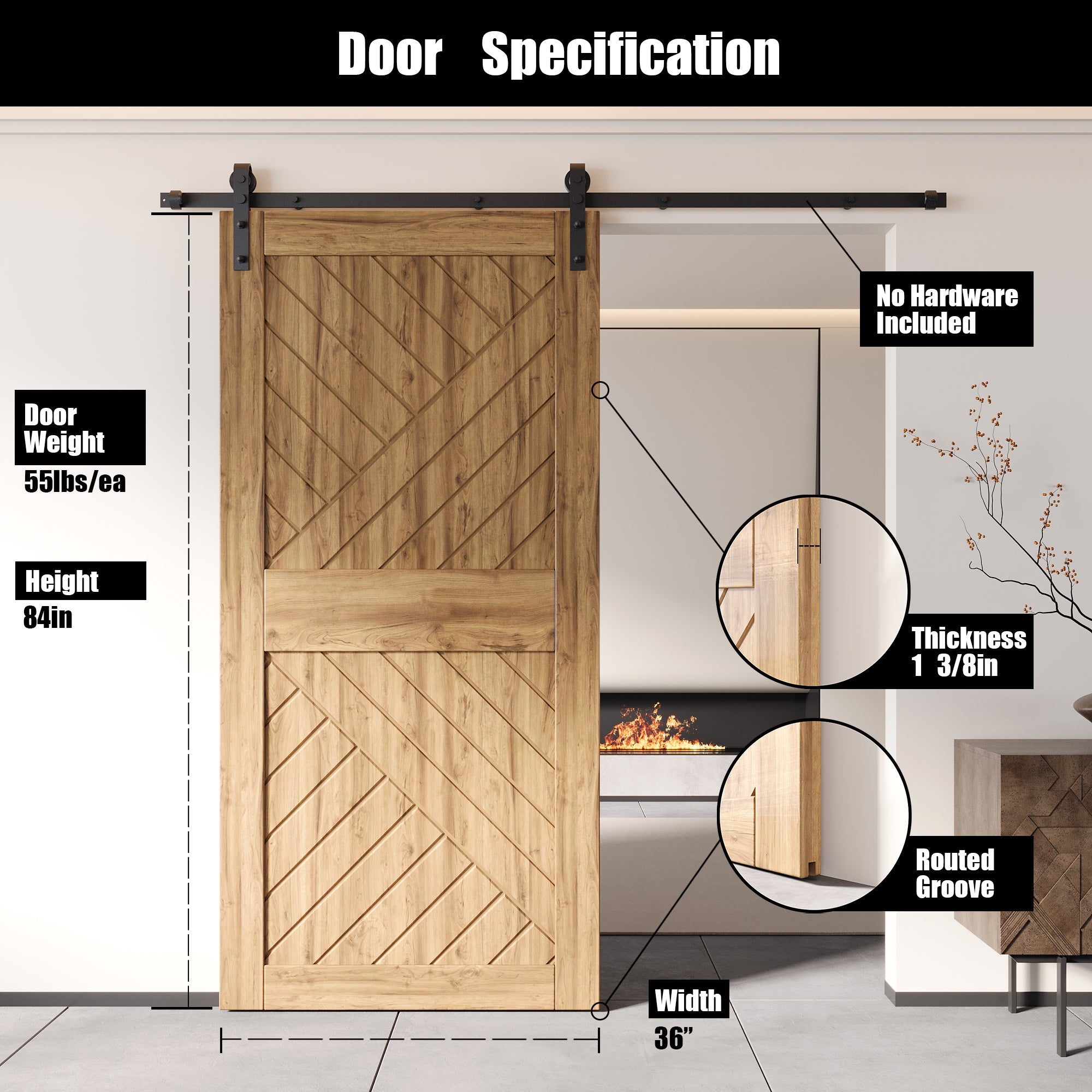 84" Height Geometric Design Unassembled & Unfinished Pine Wood Barn Door (Interior Use Only)