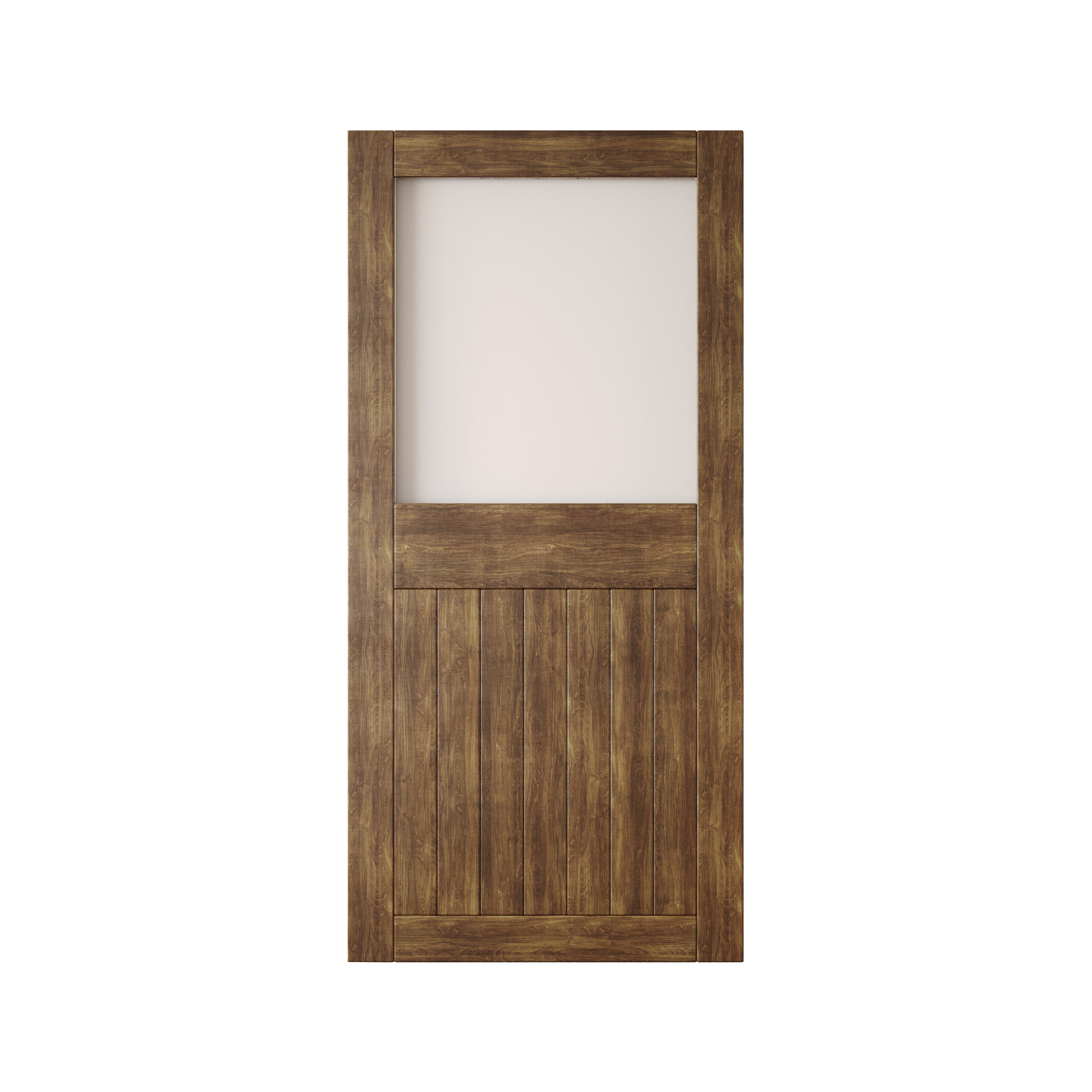 Half lite glass barn door design with wood frame