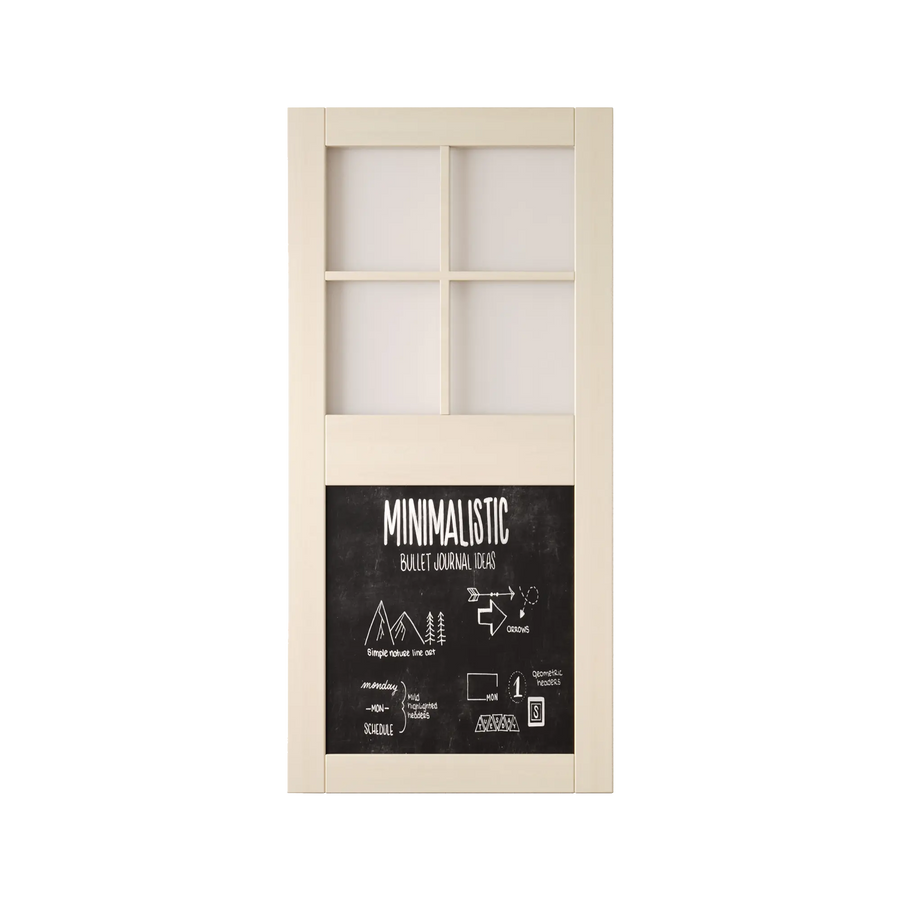 Half-lite pine barn door with frosted glass and chalkboard panels