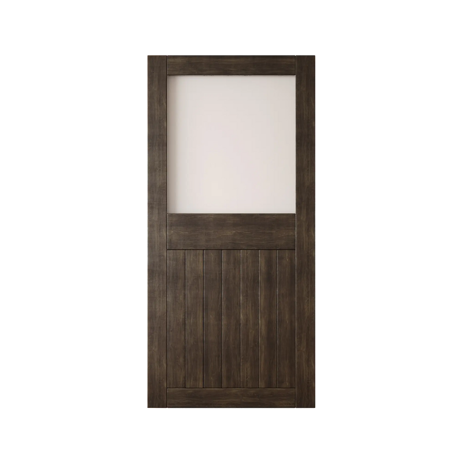 Half-lite frosted glass barn door with a solid lower section
