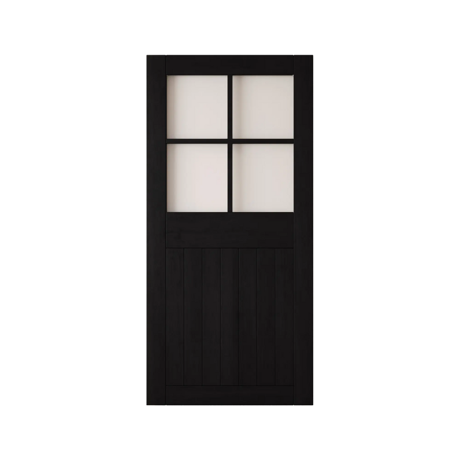 Half-lite grid frosted glass barn door with a pine frame