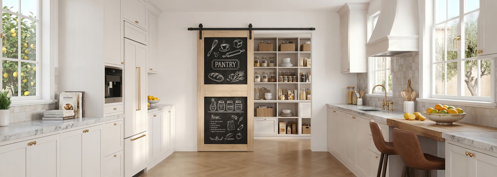 Chalkboard barn door with natural wood frame for kitchen pantry or creative spaces