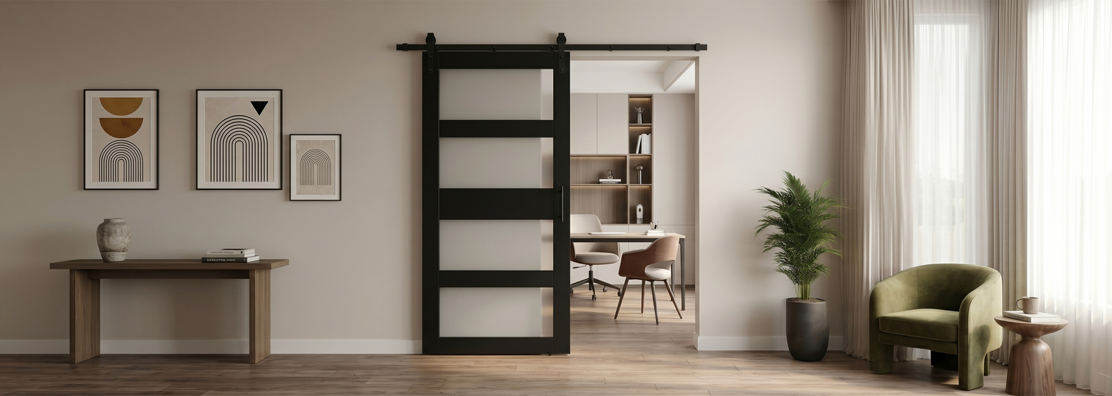 Frosted glass barn door with black frame for modern interior rooms