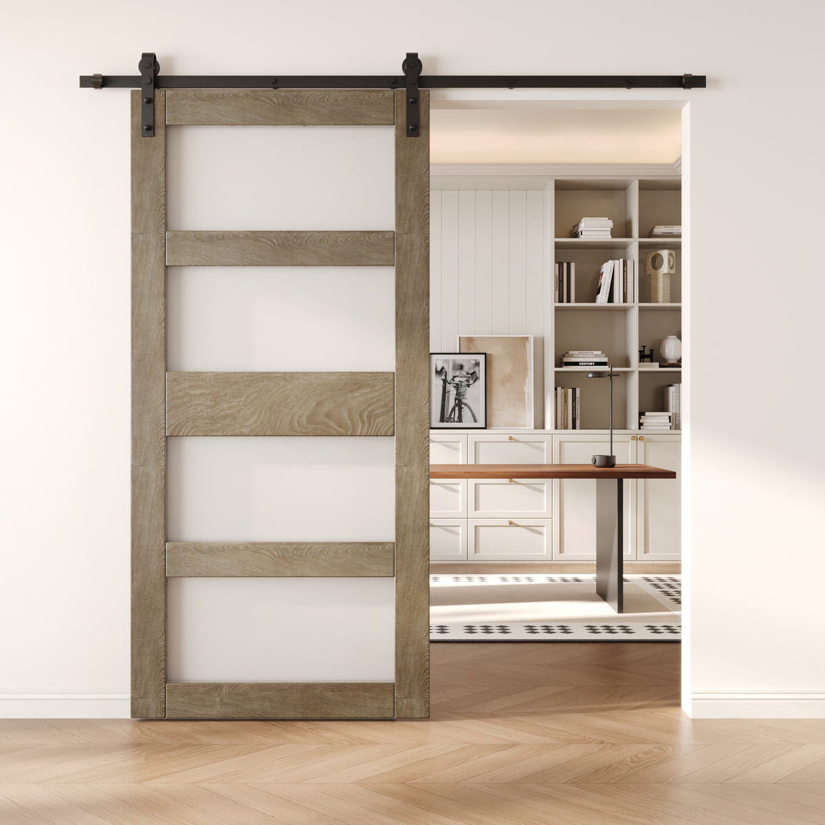Glass barn door with black sliding hardware in a modern interior