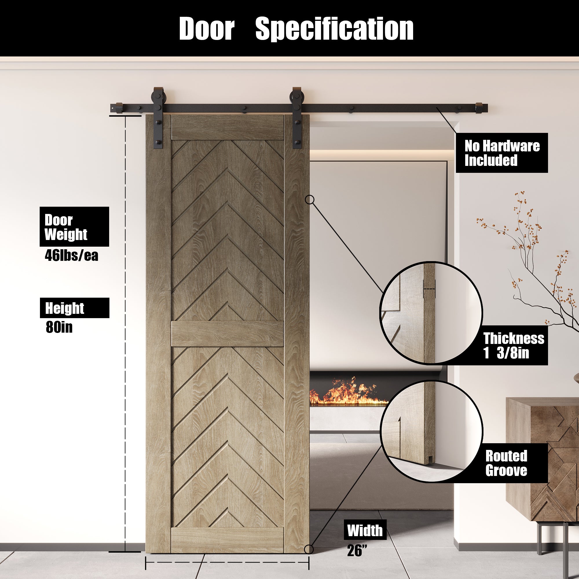 interior-use classic gray fishbone pine barn door, finished