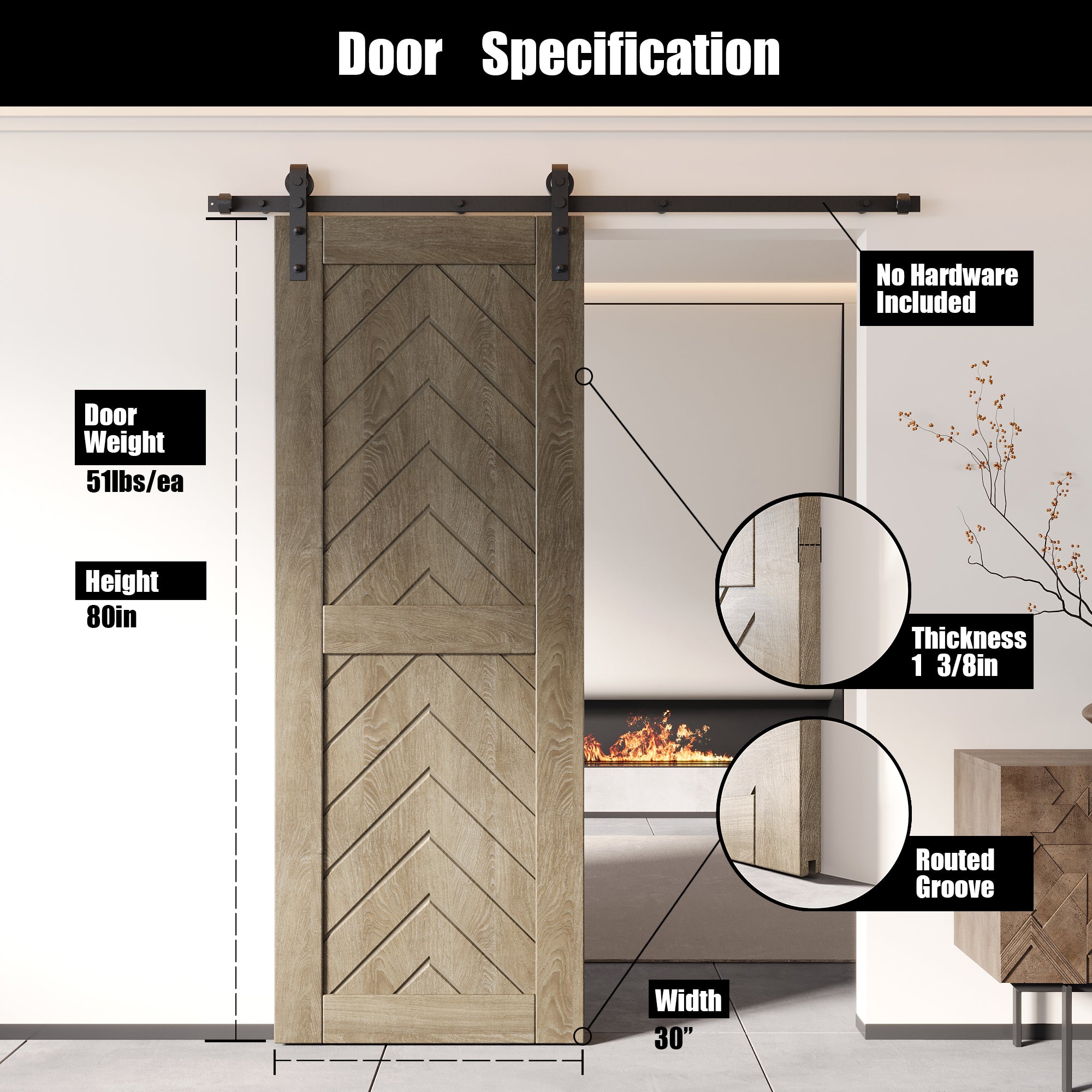 80-inch classic gray pine barn door, fishbone design, unassembled