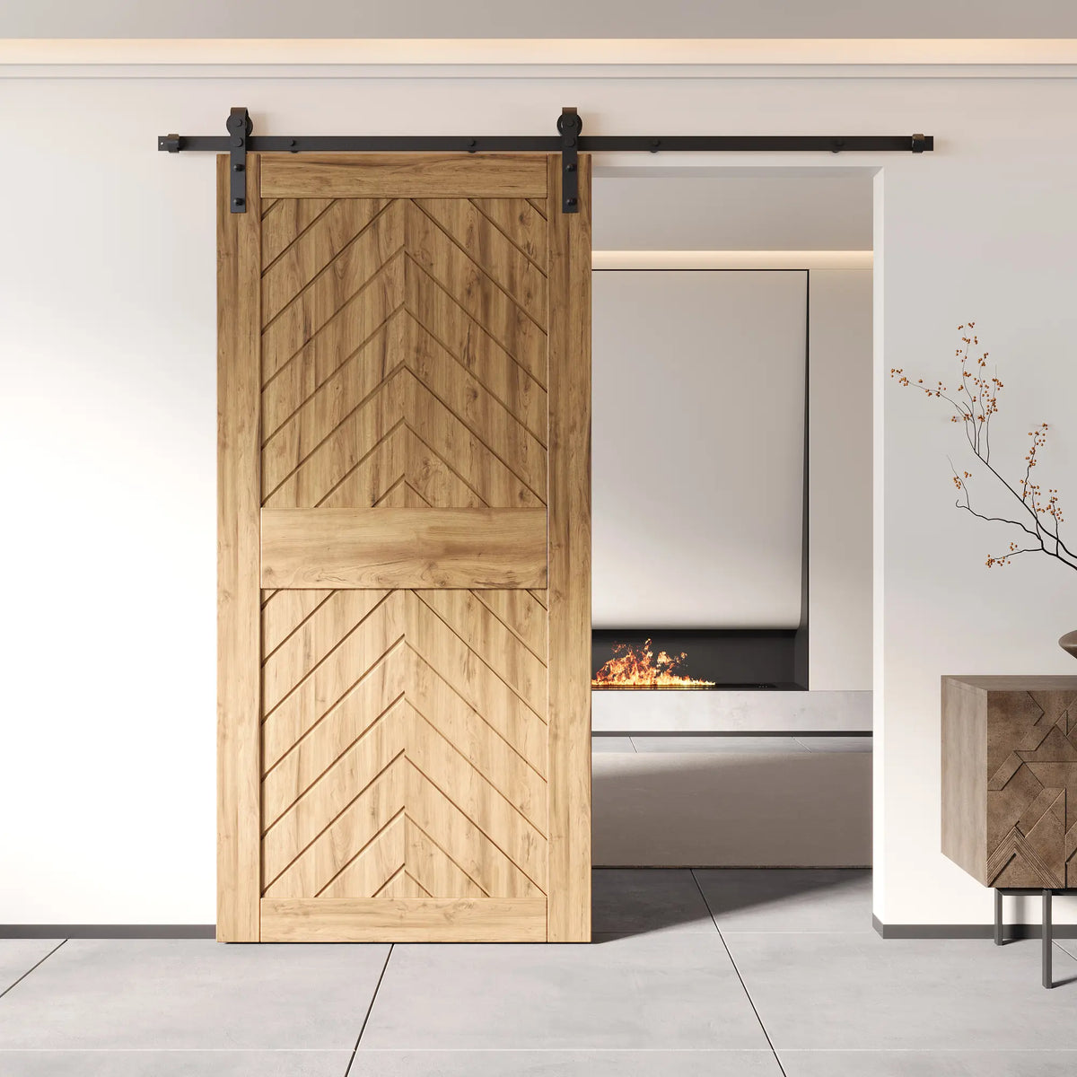 84-inch unfinished fishbone wood barn door in a modern interior