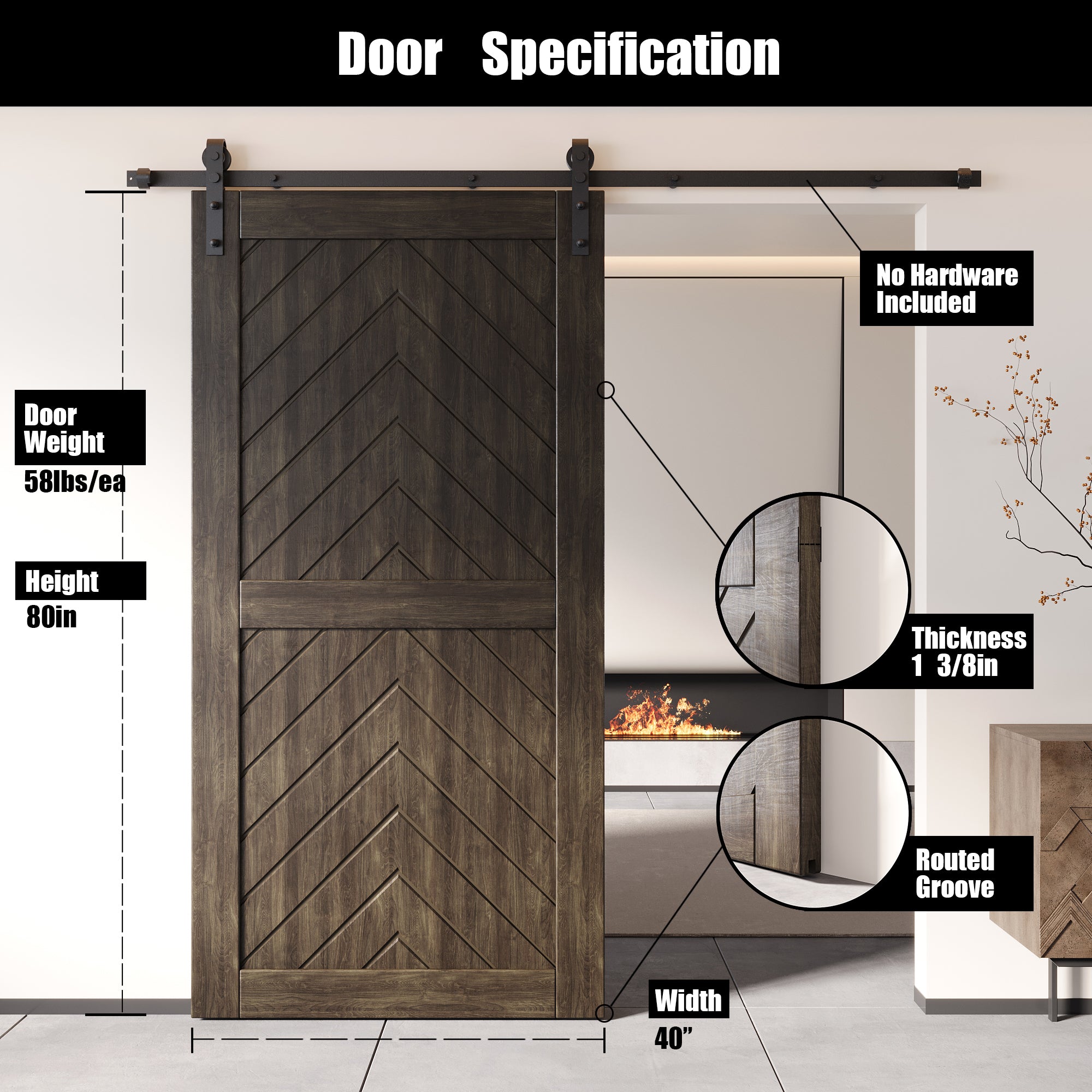 80" Height Ebony Fishbone Design Unassembled & Finished Pine Wood Barn Door (Interior Use Only)