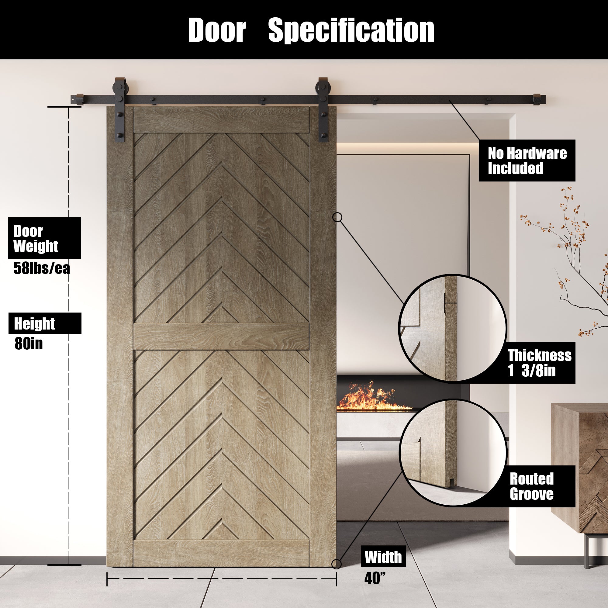 fishbone design classic gray pine barn door, 80 inches