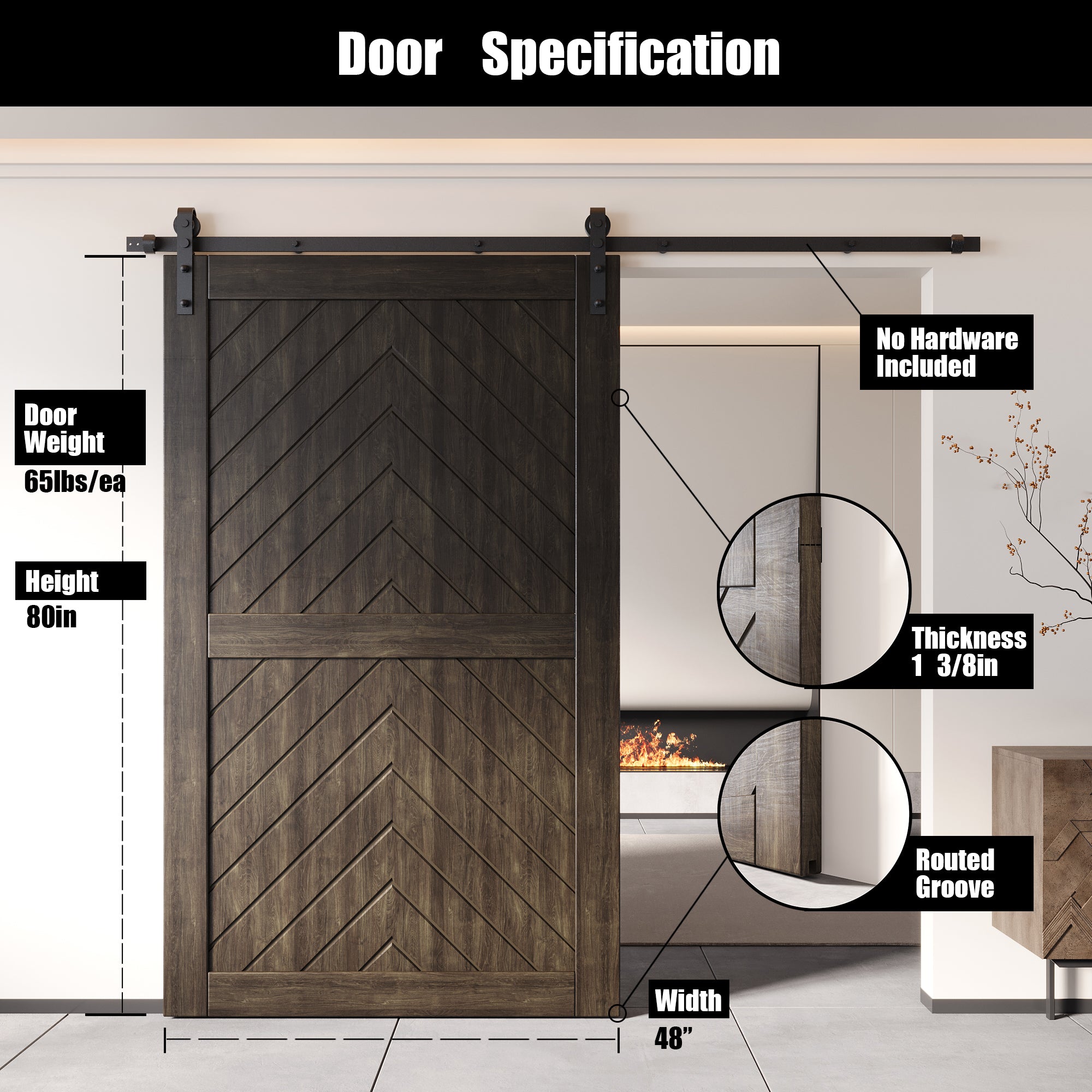 80" Height Ebony Fishbone Design Unassembled & Finished Pine Wood Barn Door (Interior Use Only)