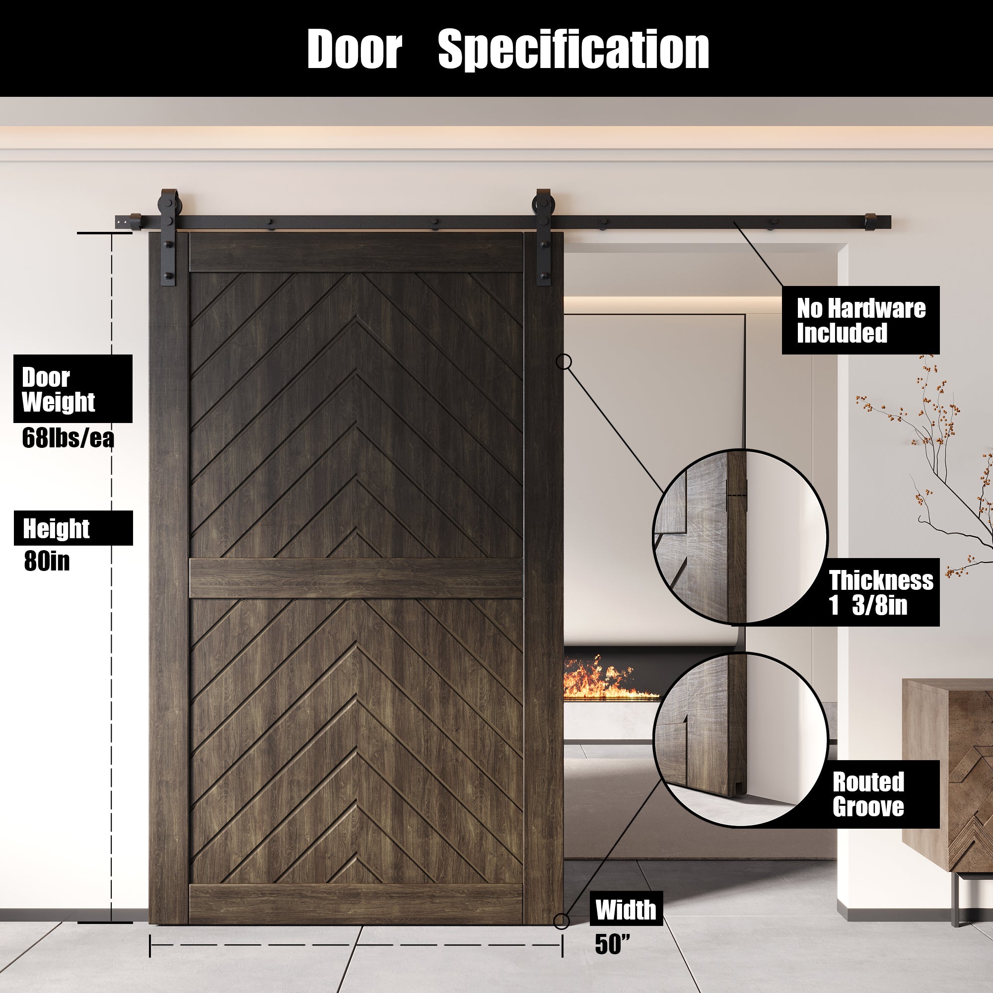 80" Height Ebony Fishbone Design Unassembled & Finished Pine Wood Barn Door (Interior Use Only)