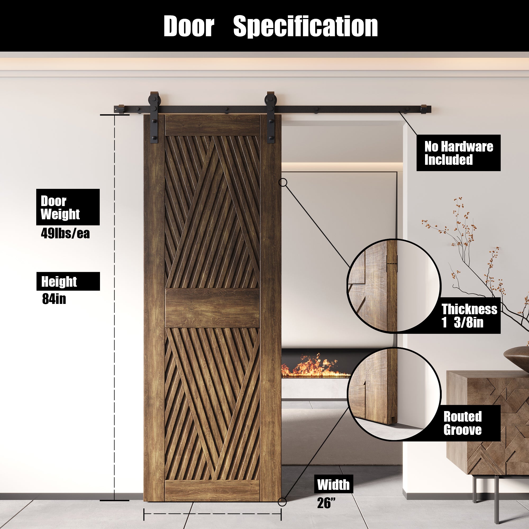 84" Height Dark Walnut Diamond Design Unassembled & Finished Pine Wood Barn Door (Interior Use Only)