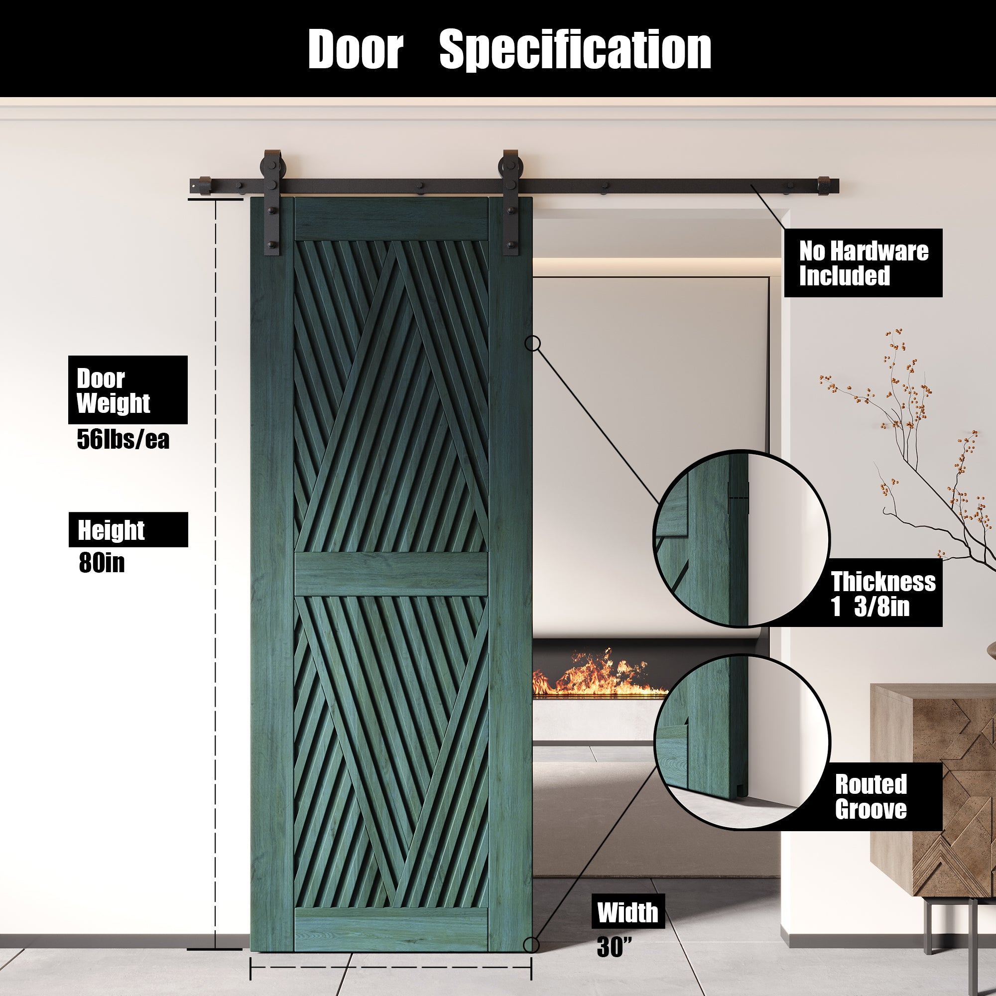 80" Height Royal Pine Diamond Design Unassembled & Finished Pine Wood Barn Door (Interior Use Only)
