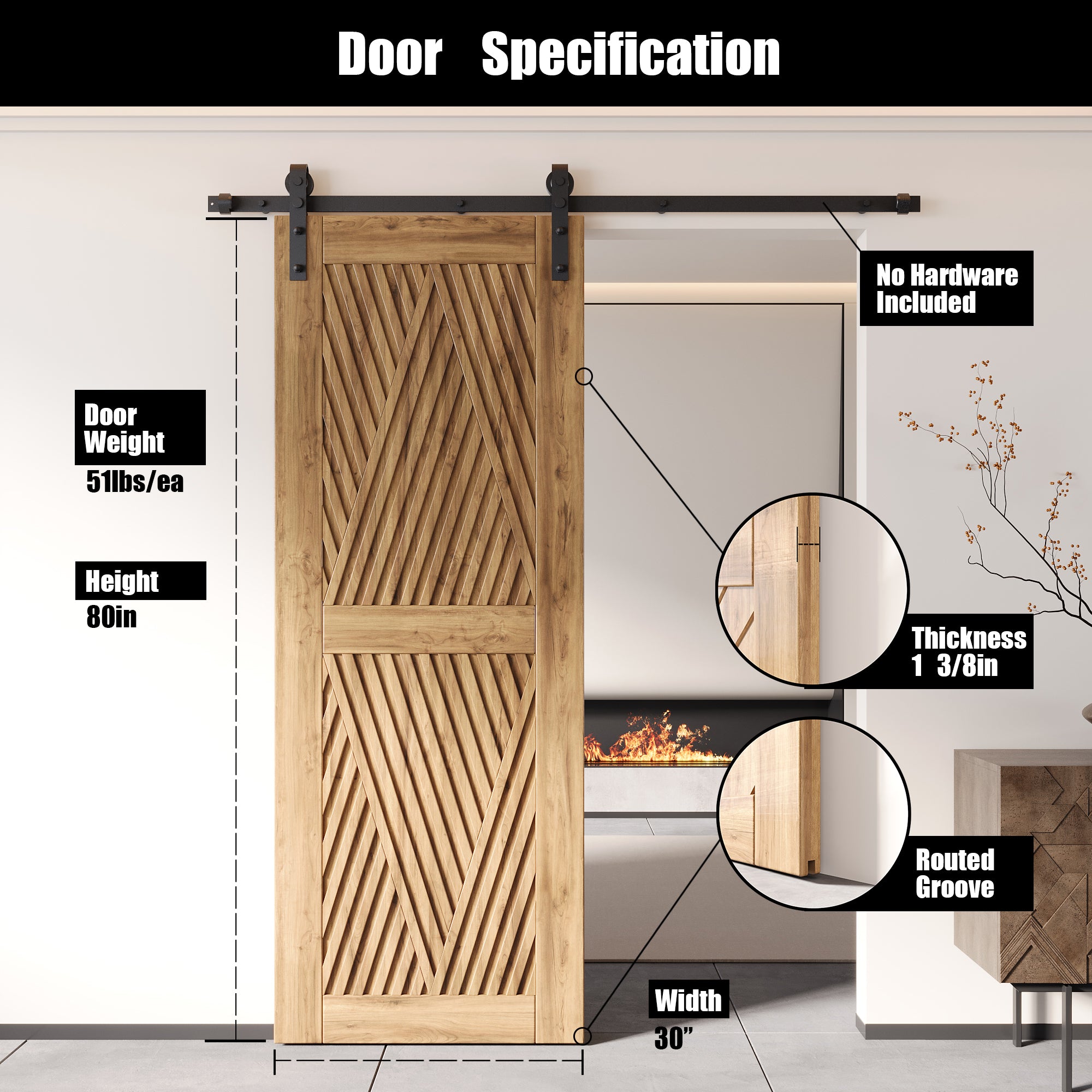 80" Height Diamond Design Unassembled & Unfinished Pine Wood Barn Door (Interior Use Only)