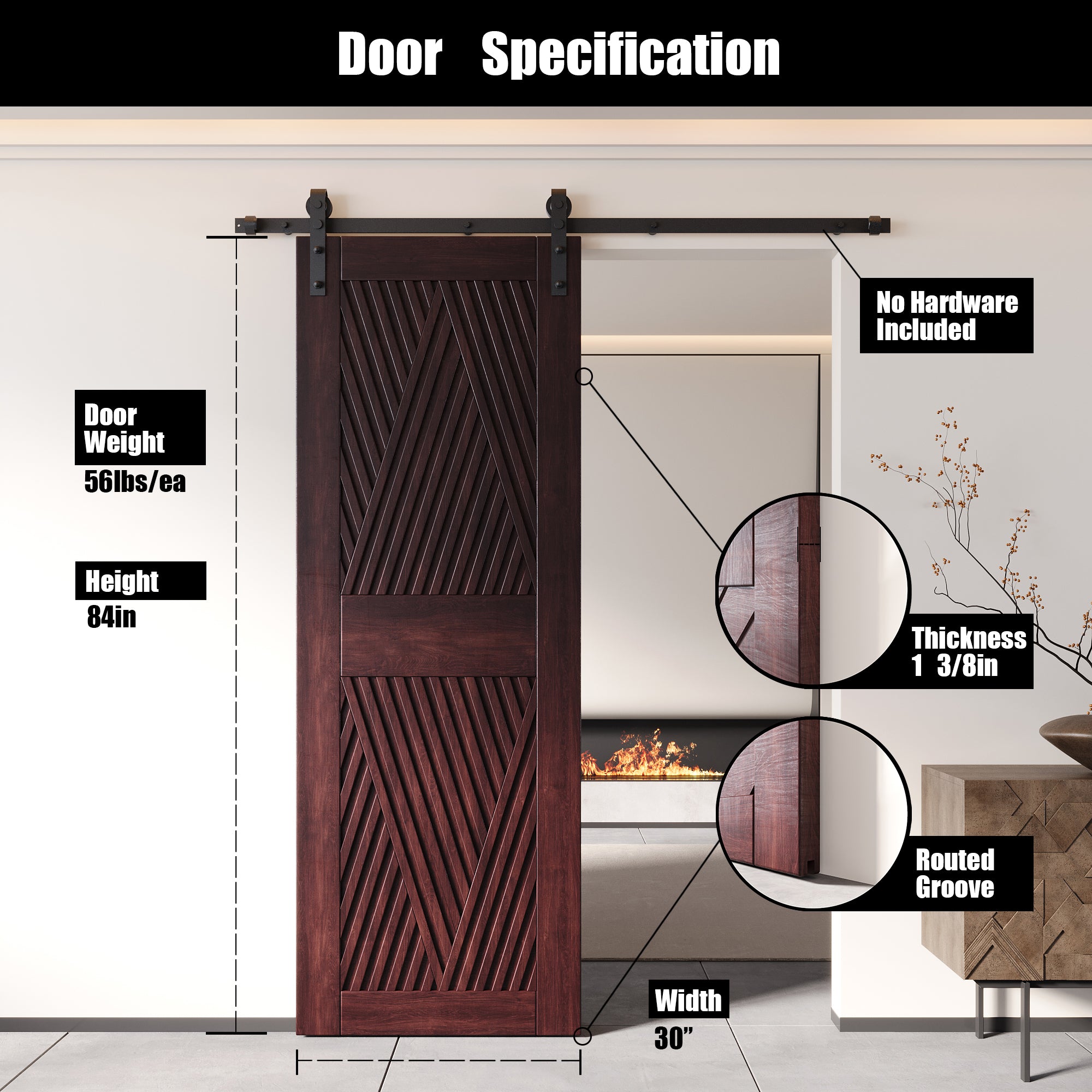 84" Height Red Mahogany Diamond Design Unassembled & Finished Pine Wood Barn Door (Interior Use Only)