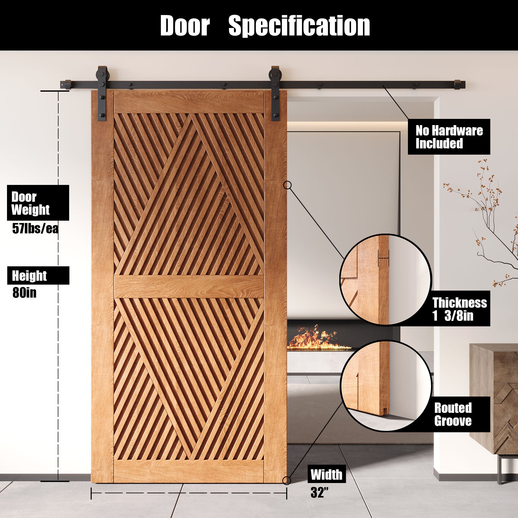 80" Height Early American Diamond Design Unassembled & Finished Pine Wood Barn Door (Interior Use Only)