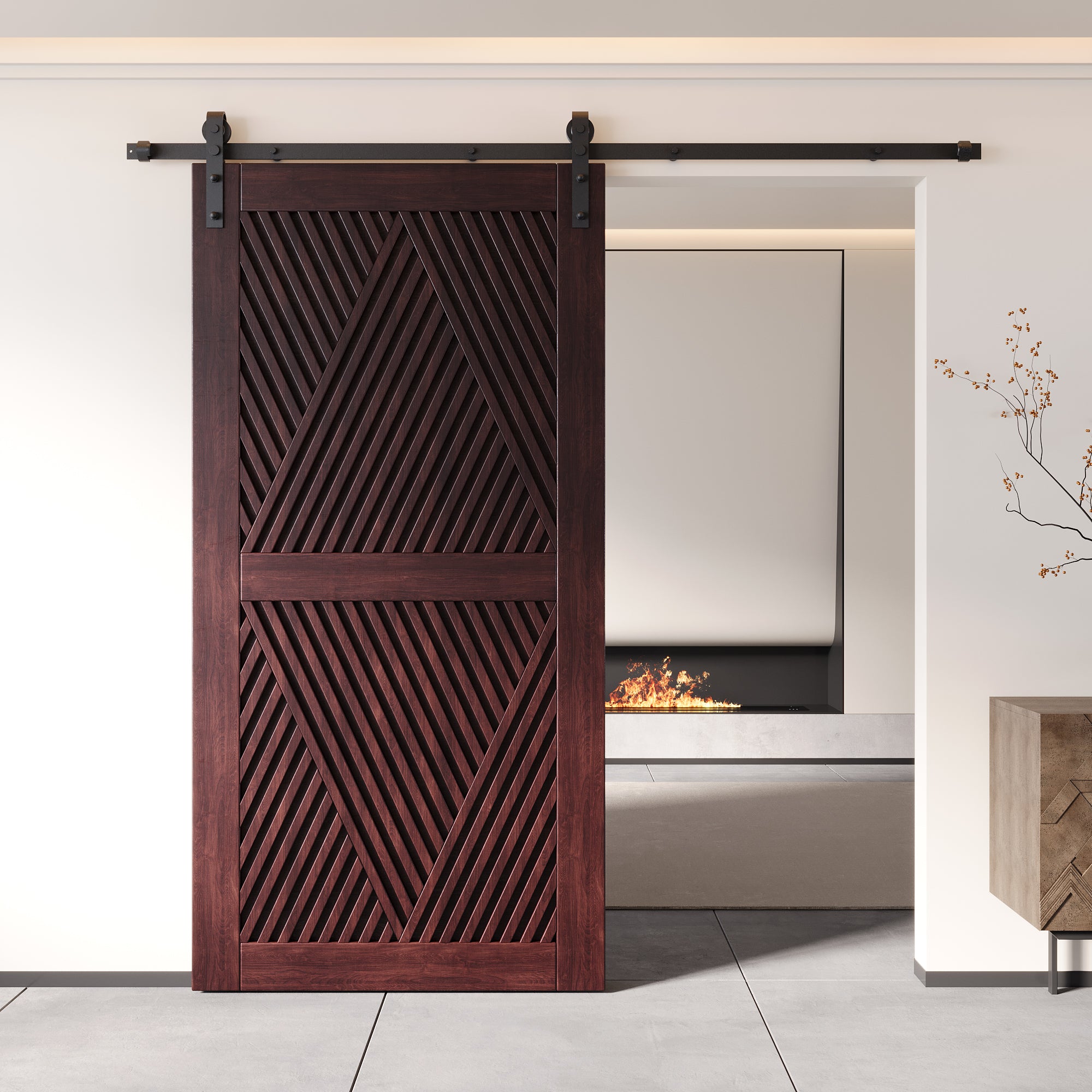 80" Height Red Mahogany Diamond Design Unassembled & Finished Pine Wood Barn Door (Interior Use Only)
