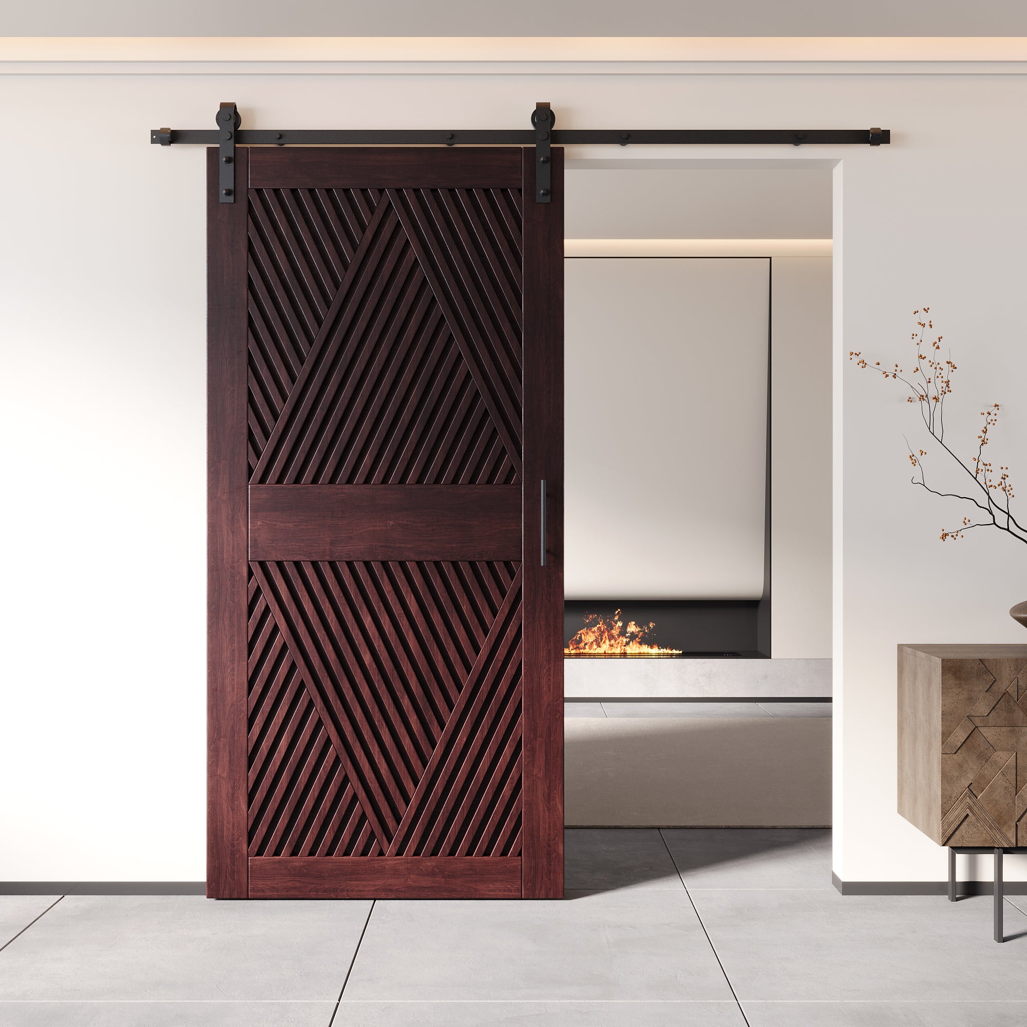84" Height Red Mahogany Diamond Design Unassembled & Finished Pine Wood Barn Door (Interior Use Only)
