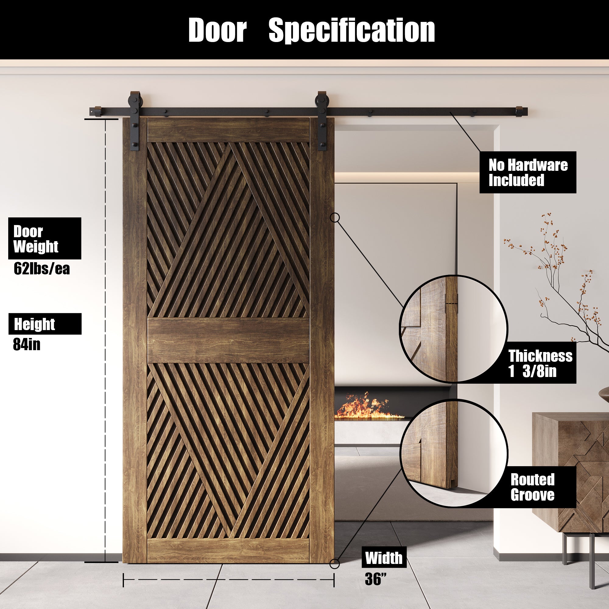 84" Height Dark Walnut Diamond Design Unassembled & Finished Pine Wood Barn Door (Interior Use Only)