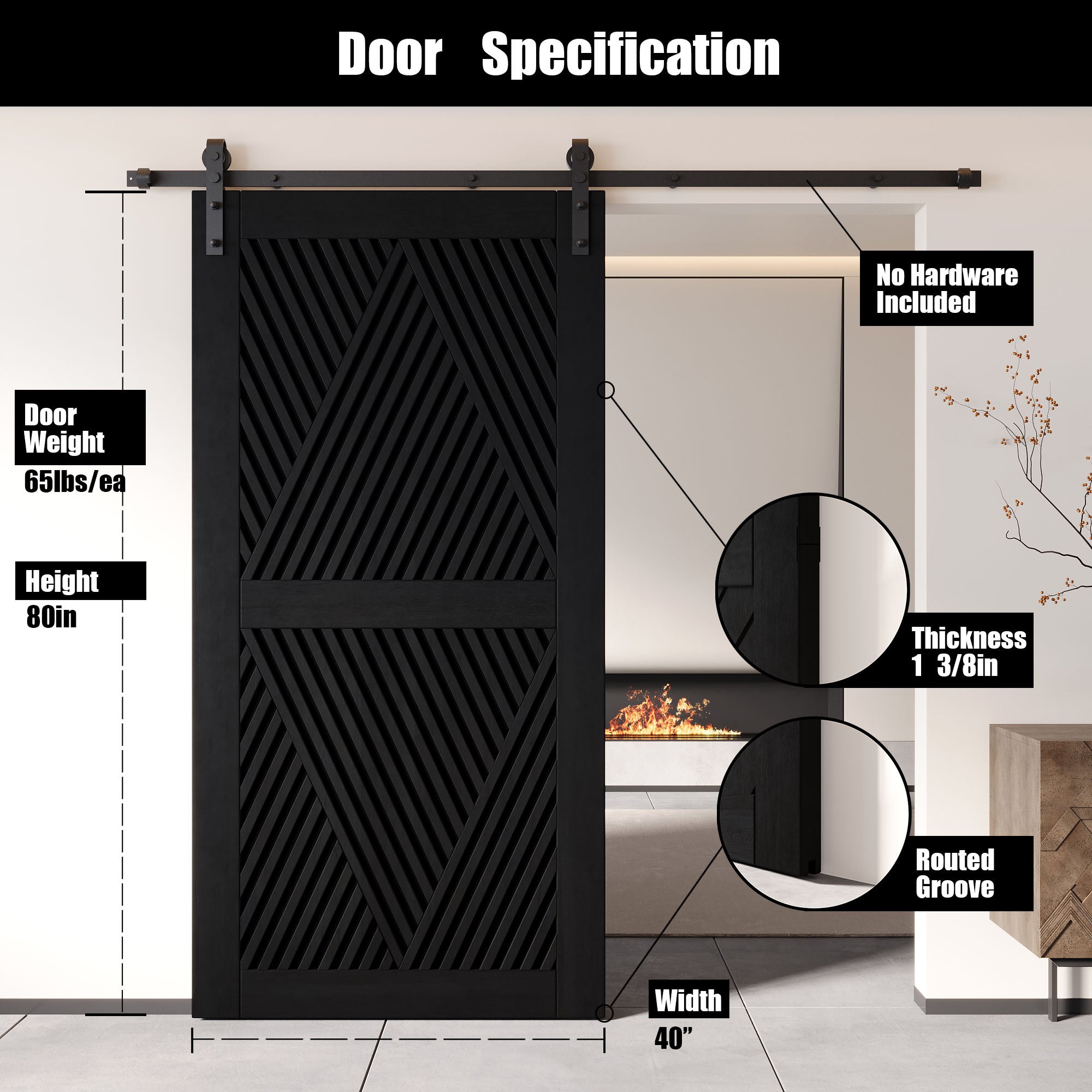 80" Height Black Diamond Design Unassembled & Finished Pine Wood Barn Door (Interior Use Only)